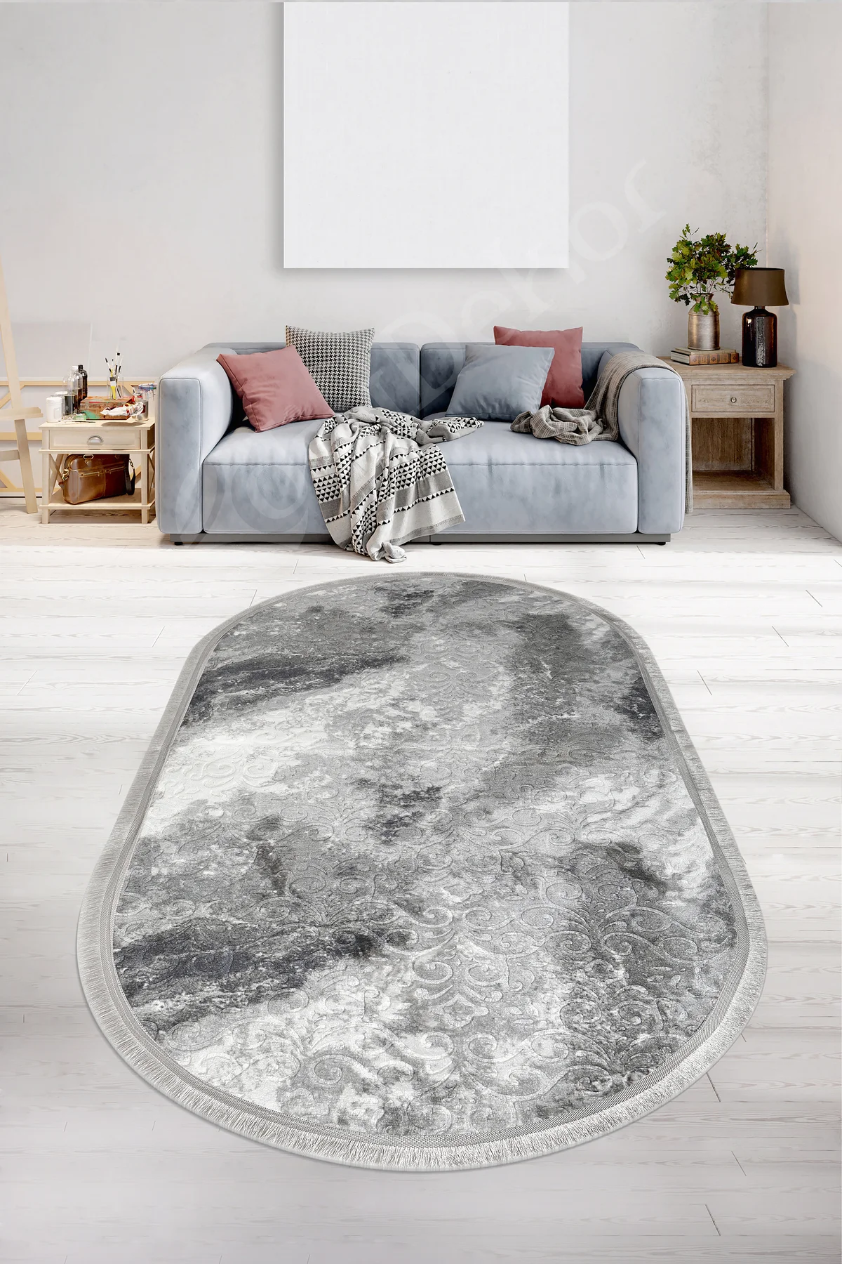 Embos Oval Saçaklı Halı Açık ANTRASİT Silinebilir 160x250 (4 metrekare)