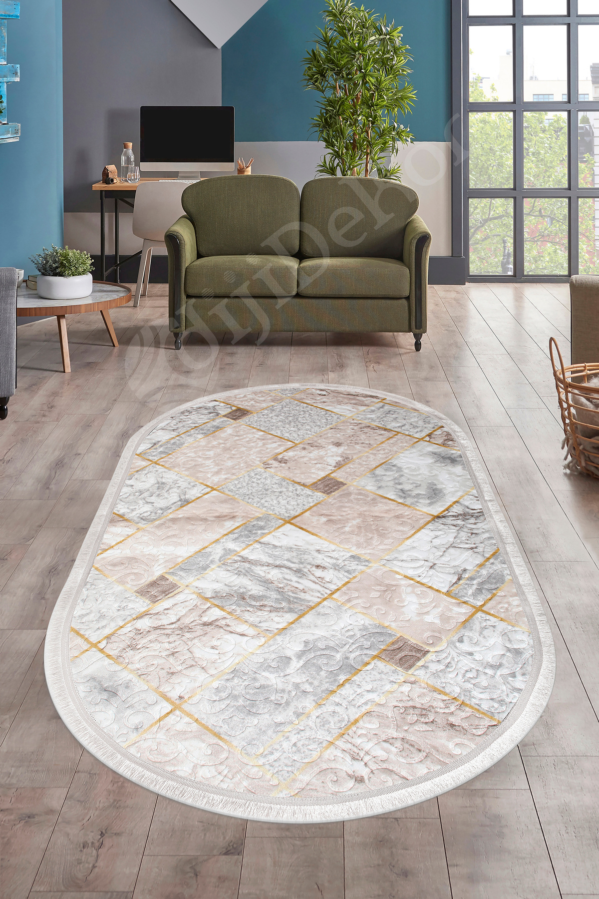 Embos Oval Saçaklı Halı Açık VİZON Silinebilir 120x200 (3 m2)