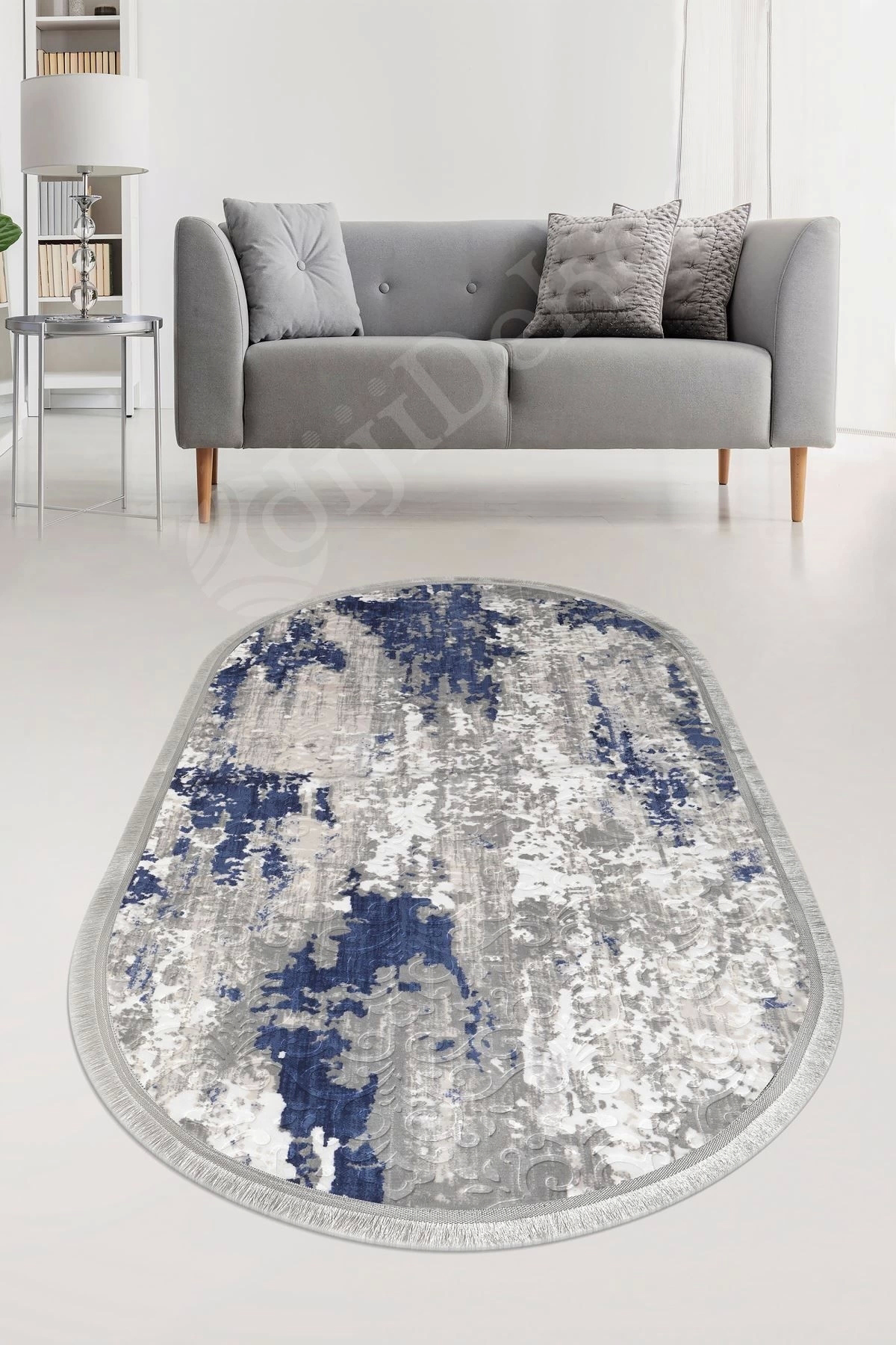 Embos Oval Saçaklı Halı Açık Lacivert Silinebilir 60x900