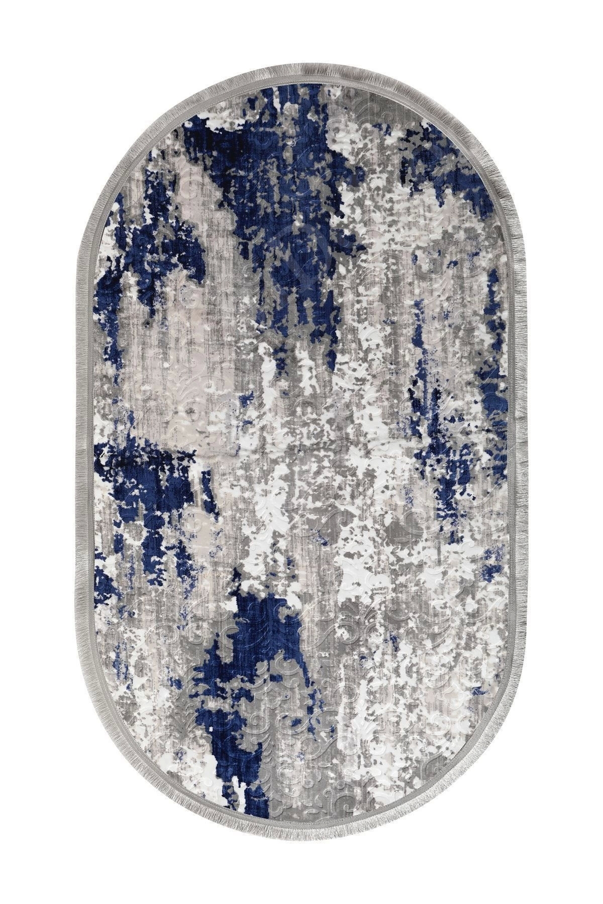 Embos Oval Saçaklı Halı Açık Lacivert Silinebilir 60x900