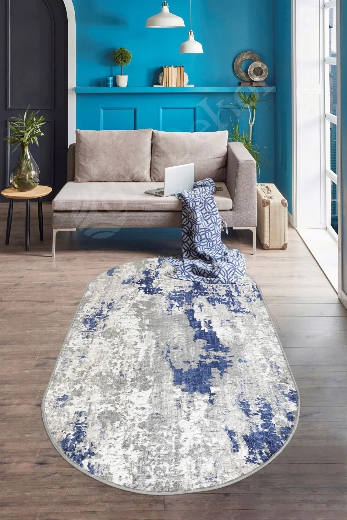 Embos Oval Saçaksız Halı Açık Lacivert Silinebilir Yolluk 120x200 (3 m2) Embos Oval Saçaksız Halı Açık Lacivert Silinebilir Yolluk 120x200 (3 m2)
