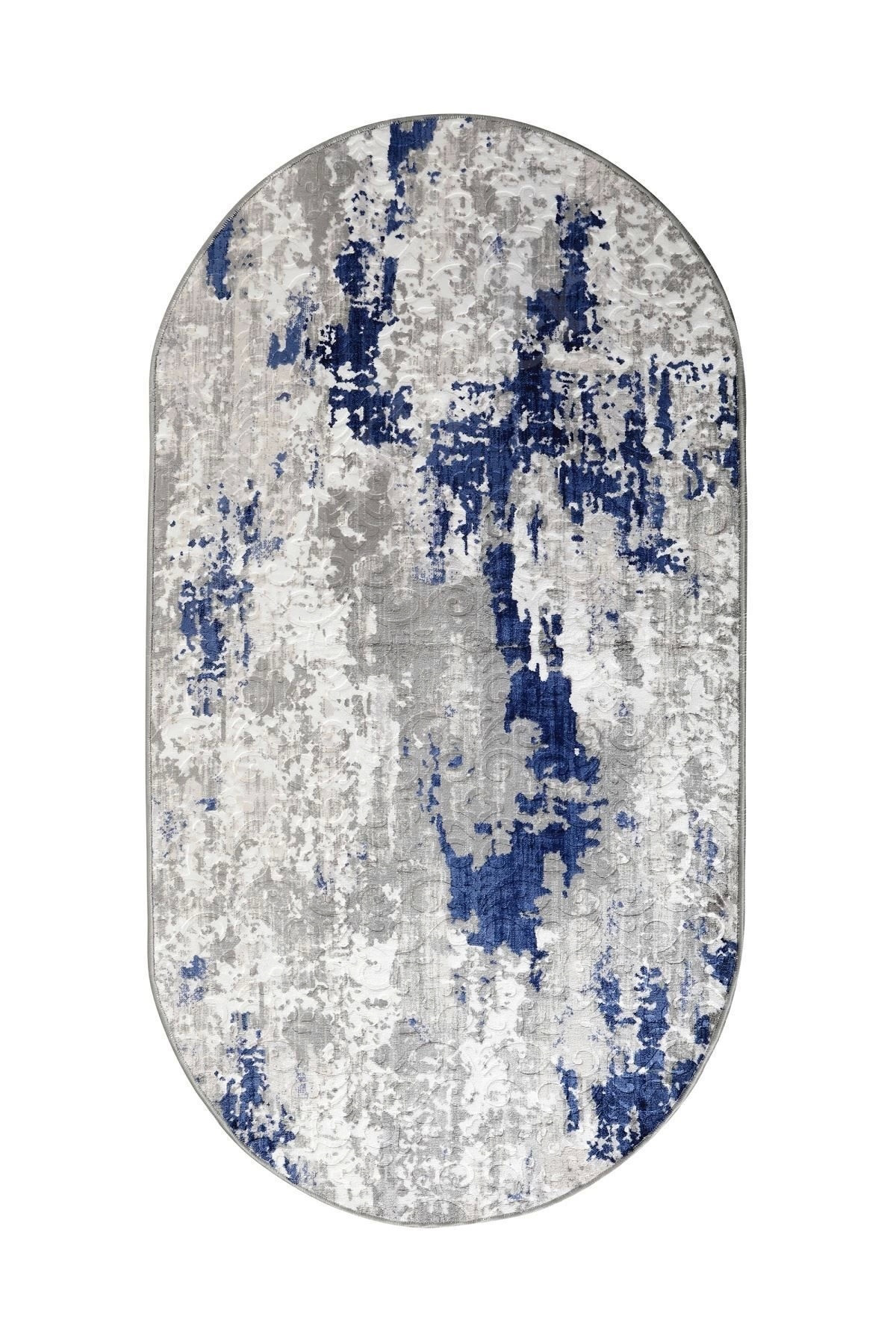 Embos Oval Saçaksız Halı Açık Lacivert Silinebilir Yolluk 120x700