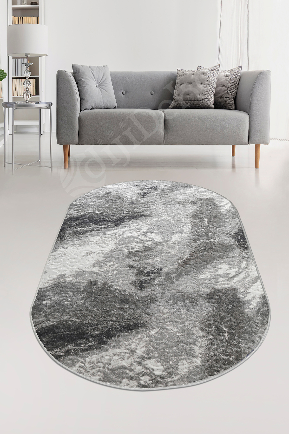 Embos Oval Saçaksız Halı Açık ANTRASİT Silinebilir Yolluk 80x250