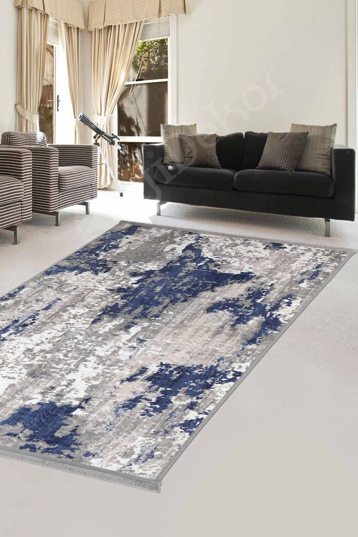 Embos Saçaklı Halı Açık Lacivert Silinebilir 60x800
