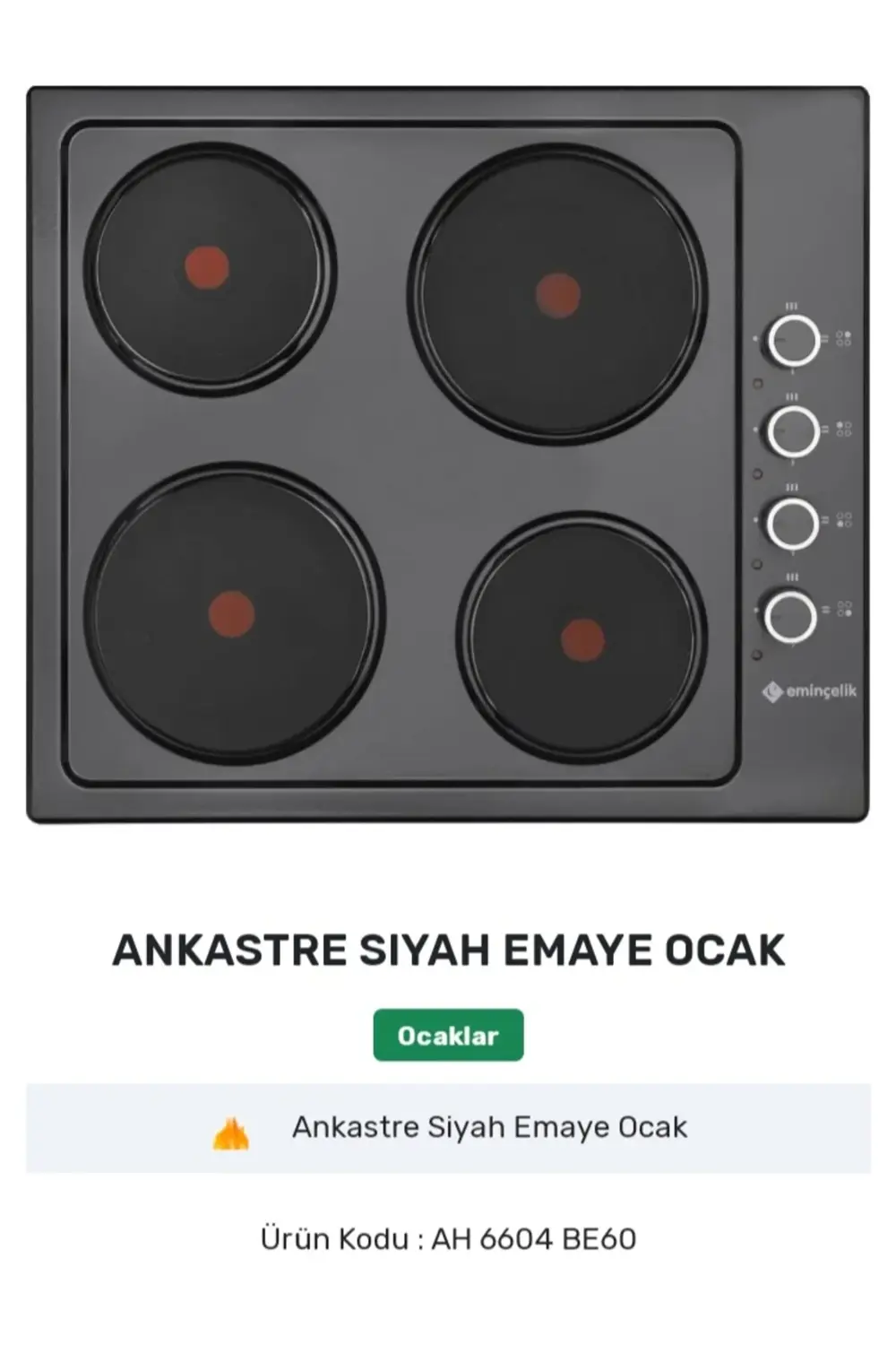 EMİNÇELİK EC-AH 6604 BE60 SİYAH EMAYE ANKASTRE OCAK