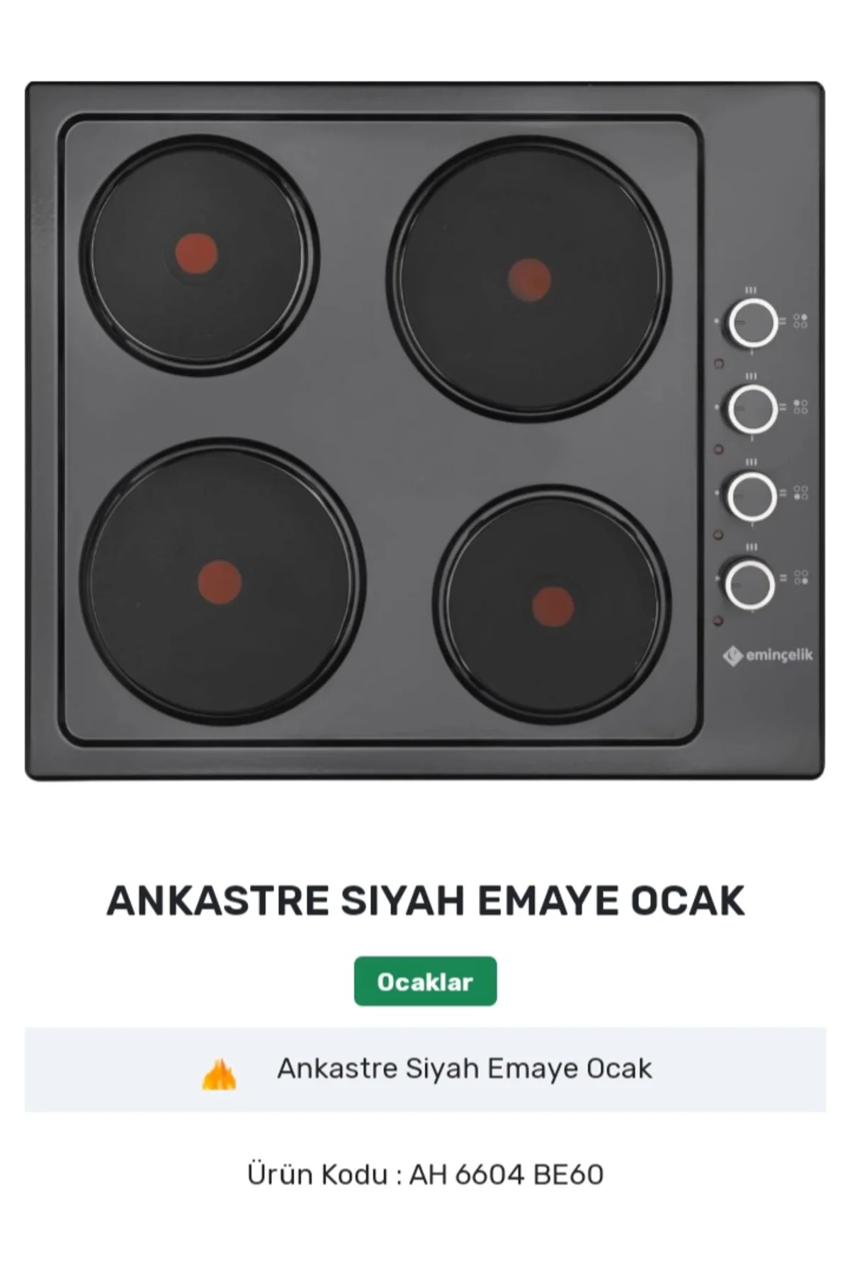 EMİNÇELİK EC-AH 6604 BE60 SİYAH EMAYE ANKASTRE OCAK