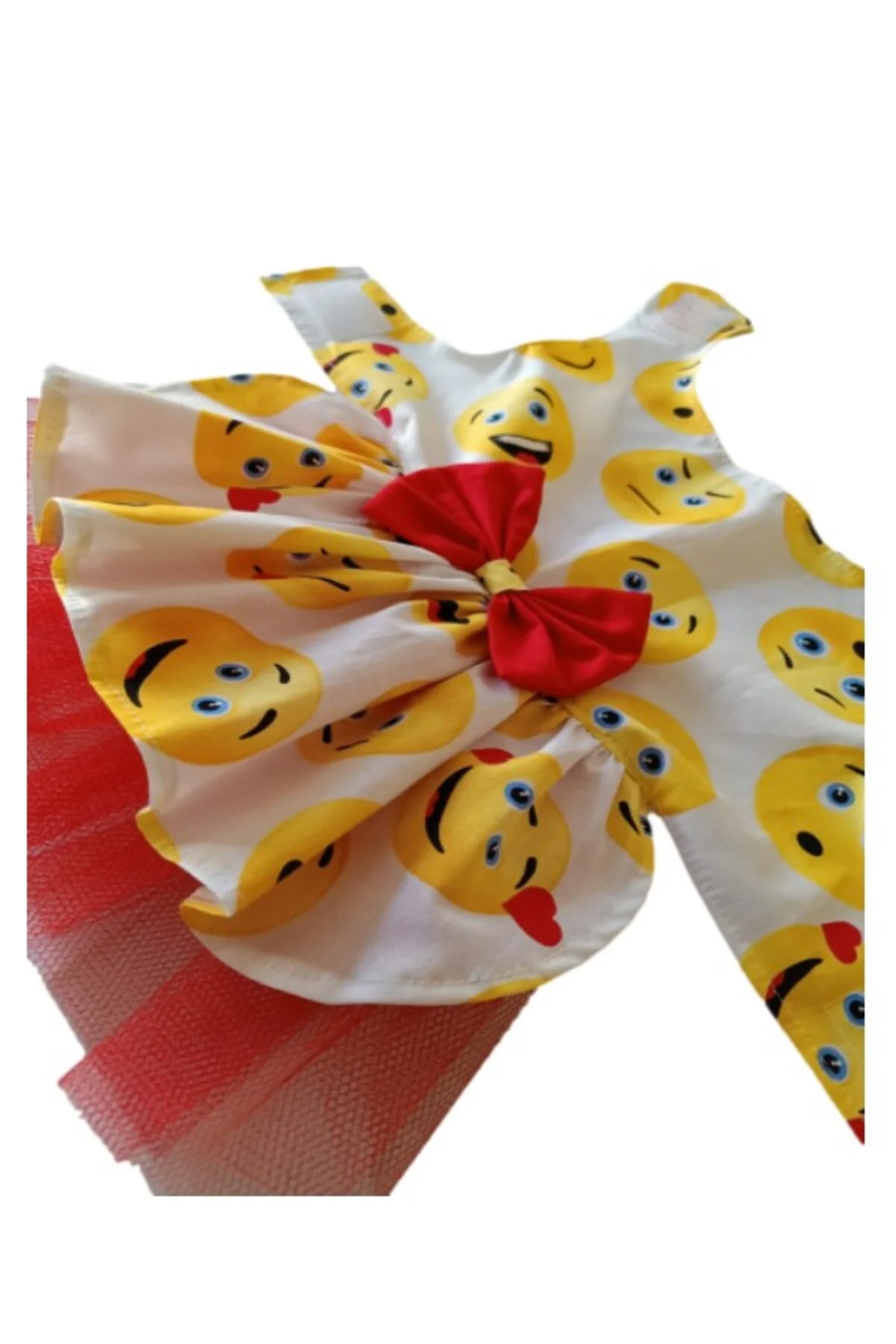 Emoji Desenli Kırmızı Papyonlu Beyaz Dişi Kedi Köpek Kıyafeti Elb