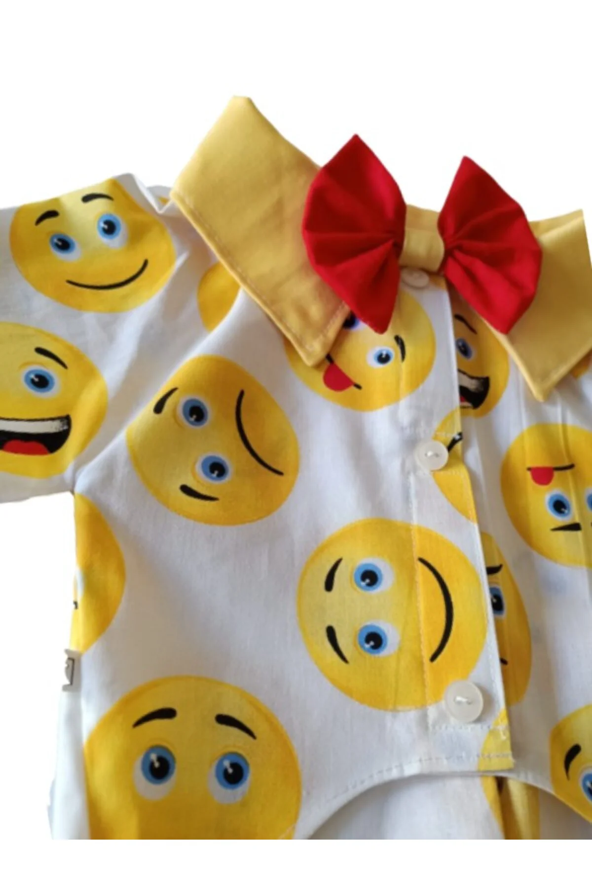 Emoji Desenli Kırmızı Papyonlu Beyaz Kedi Köpek Kıyafeti Elbisesi