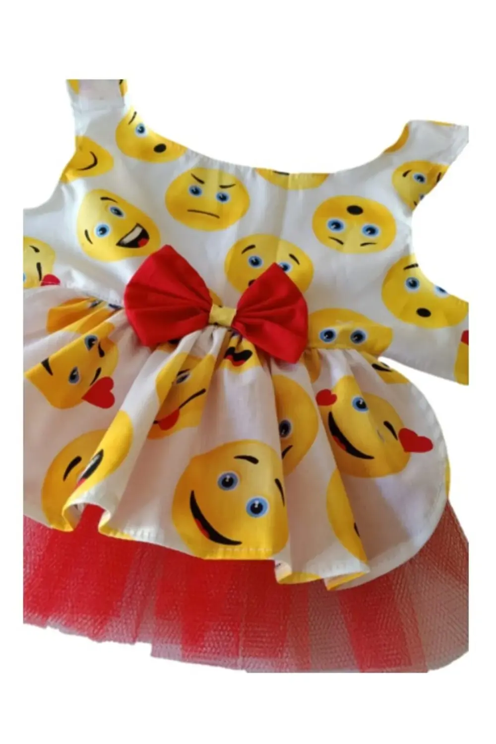 Emoji Desenli Kırmızı Papyonlu Beyaz Dişi Kedi Köpek Kıyafeti Elb