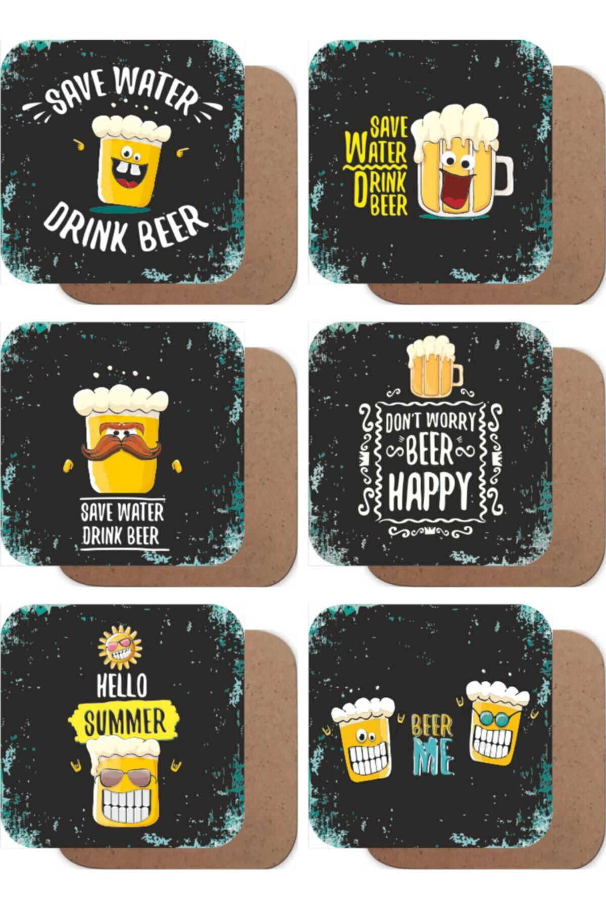 Emojili Temalı Ahşap Bardak Altlığı Seti 6lı