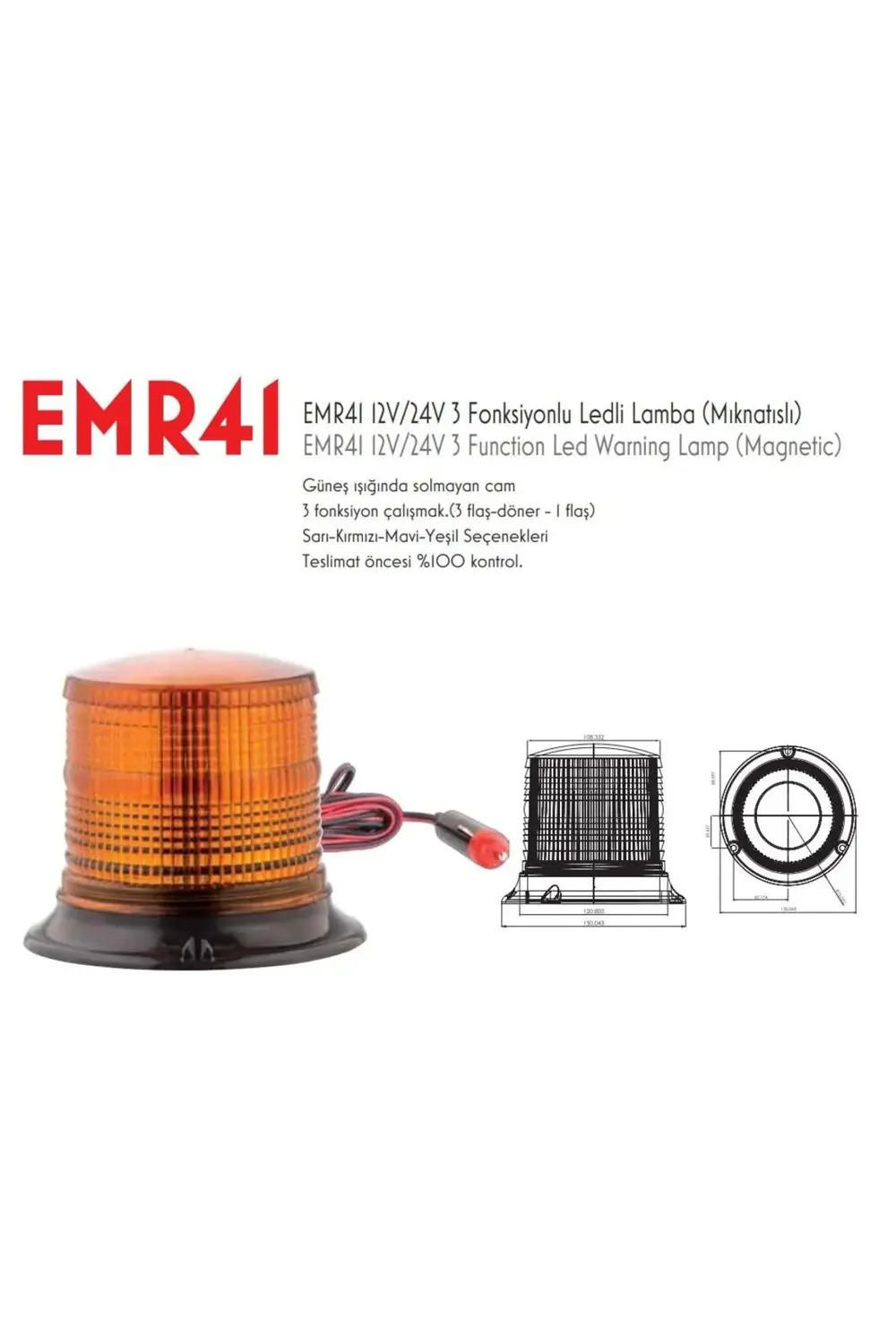 Emr41 Mıknatıslı Galaxi Tepe Lambası 12-24v 3 Fonksiyonlu Led Çak