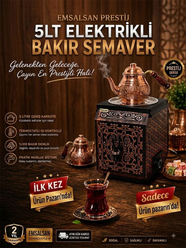 Emsalsan Prestij 5lt Elektrikli Bakır Semaver+Demlik Hediye Fiyatı, Yorumları ve Özellikleri