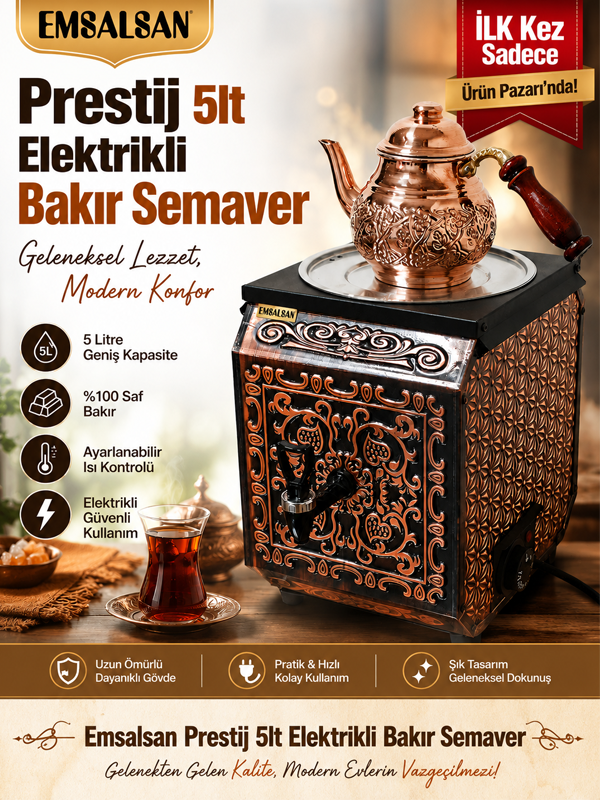 Emsalsan Prestij 5lt Elektrikli Bakır Semaver+Demlik Hediye Fiyatı, Yorumları ve Özellikleri