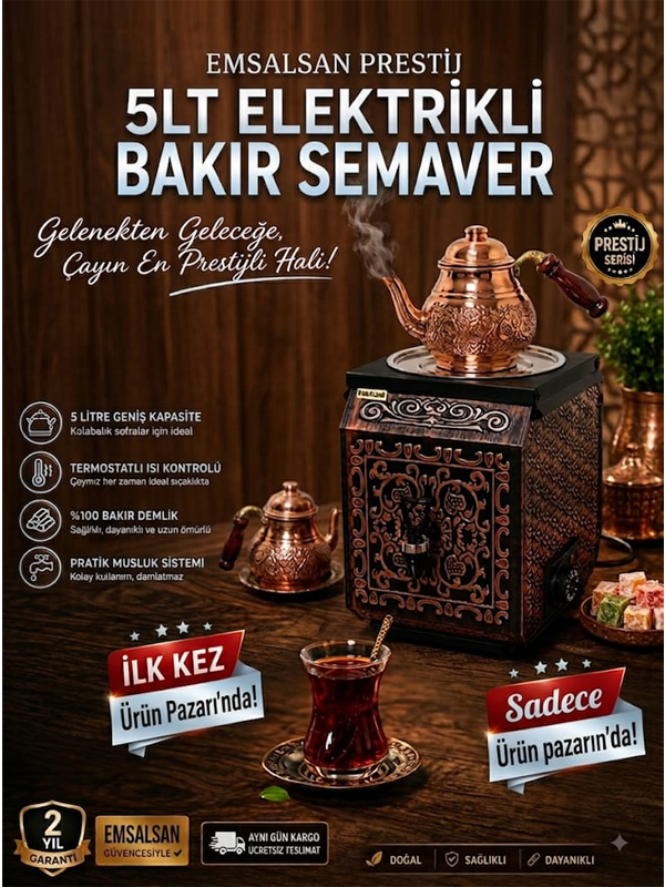 Emsalsan Prestij 5lt Elektrikli Bakır Semaver+Demlik Hediye Fiyatı, Yorumları ve Özellikleri