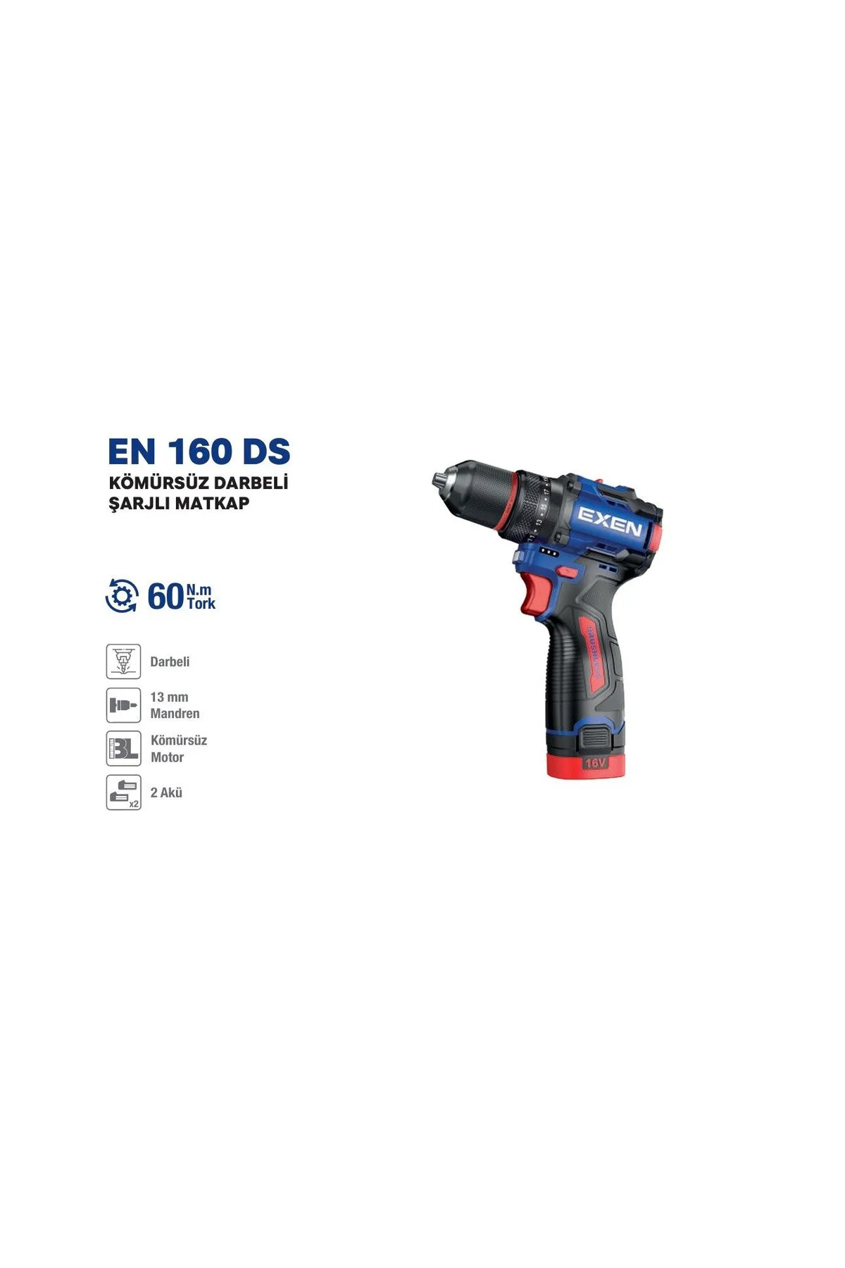 EN 160 DS 16 V. 2 AH. 60 NM. KÖMÜRSÜZ DARBELİ ŞARJLI MATKAP