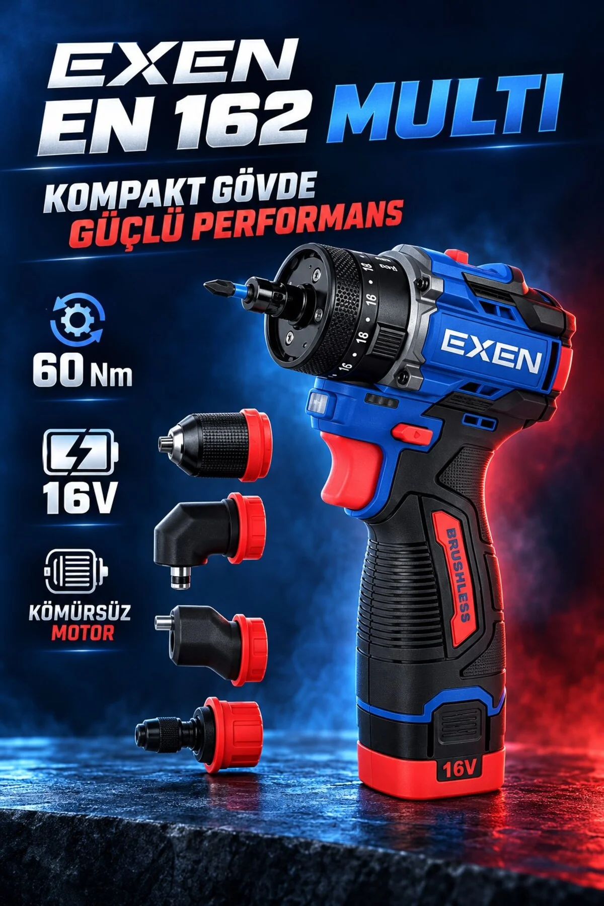 EN 162 MULTI 16V Darbeli Akülü Vidalama – 60 Nm, 4’lü Multi Başlık Seti - Görsel 3