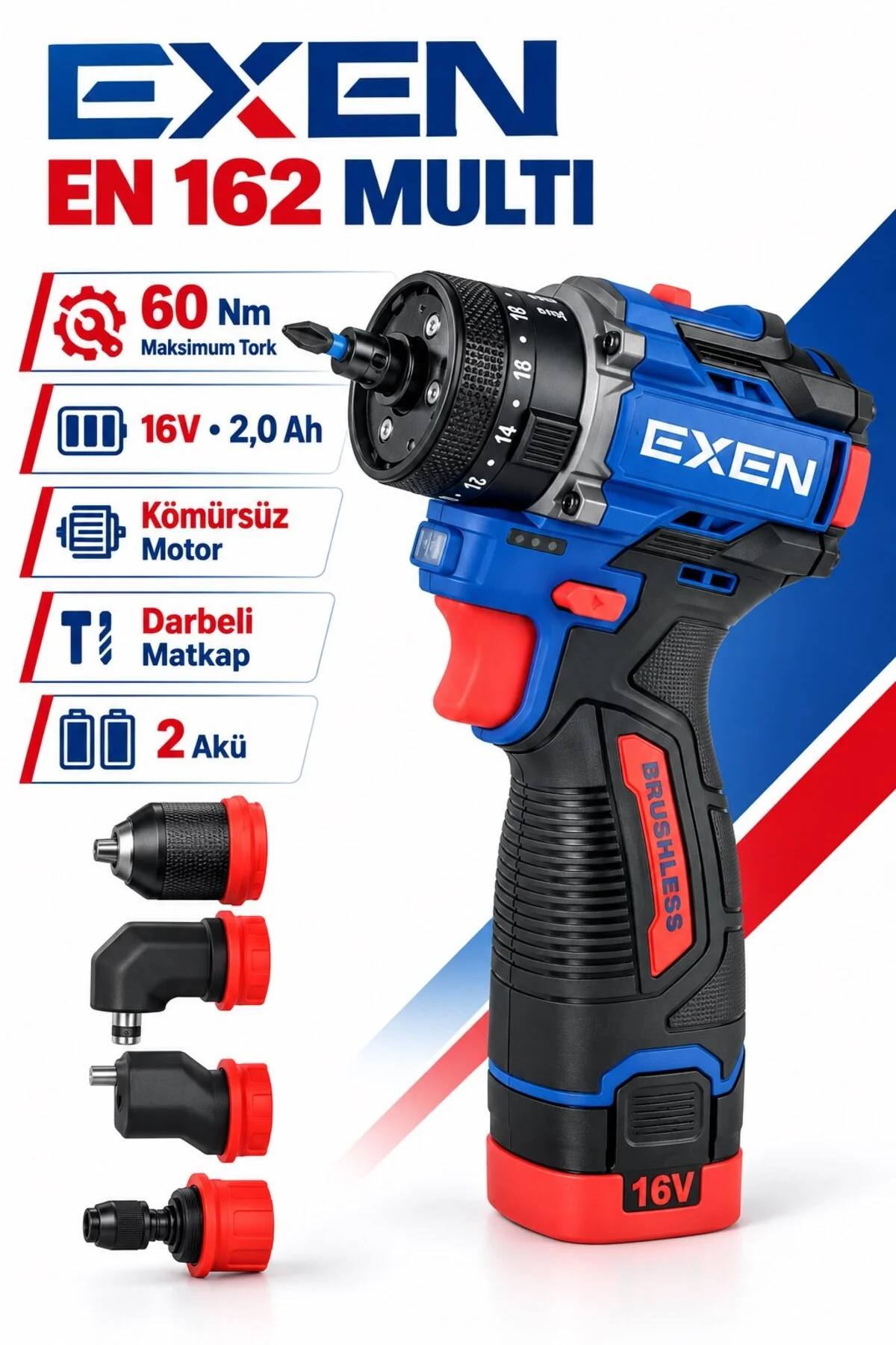 EN 162 MULTI 16V Darbeli Akülü Vidalama – 60 Nm, 4’lü Multi Başlık Seti - Görsel 4