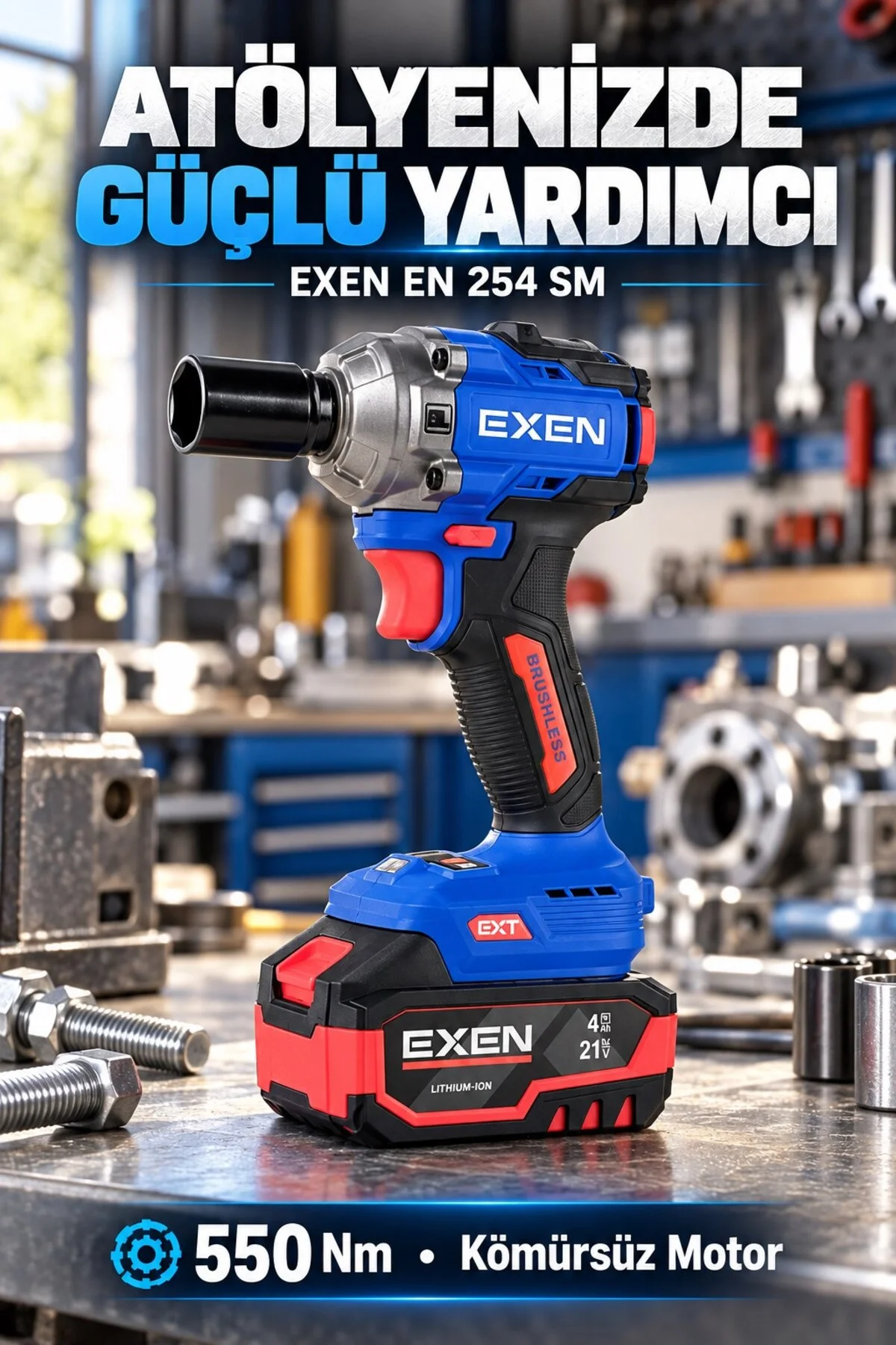 EN 254 SM 21V Kömürsüz Akülü Somun Sıkma Makinesi – 550 Nm, 2 Akülü - Görsel 3