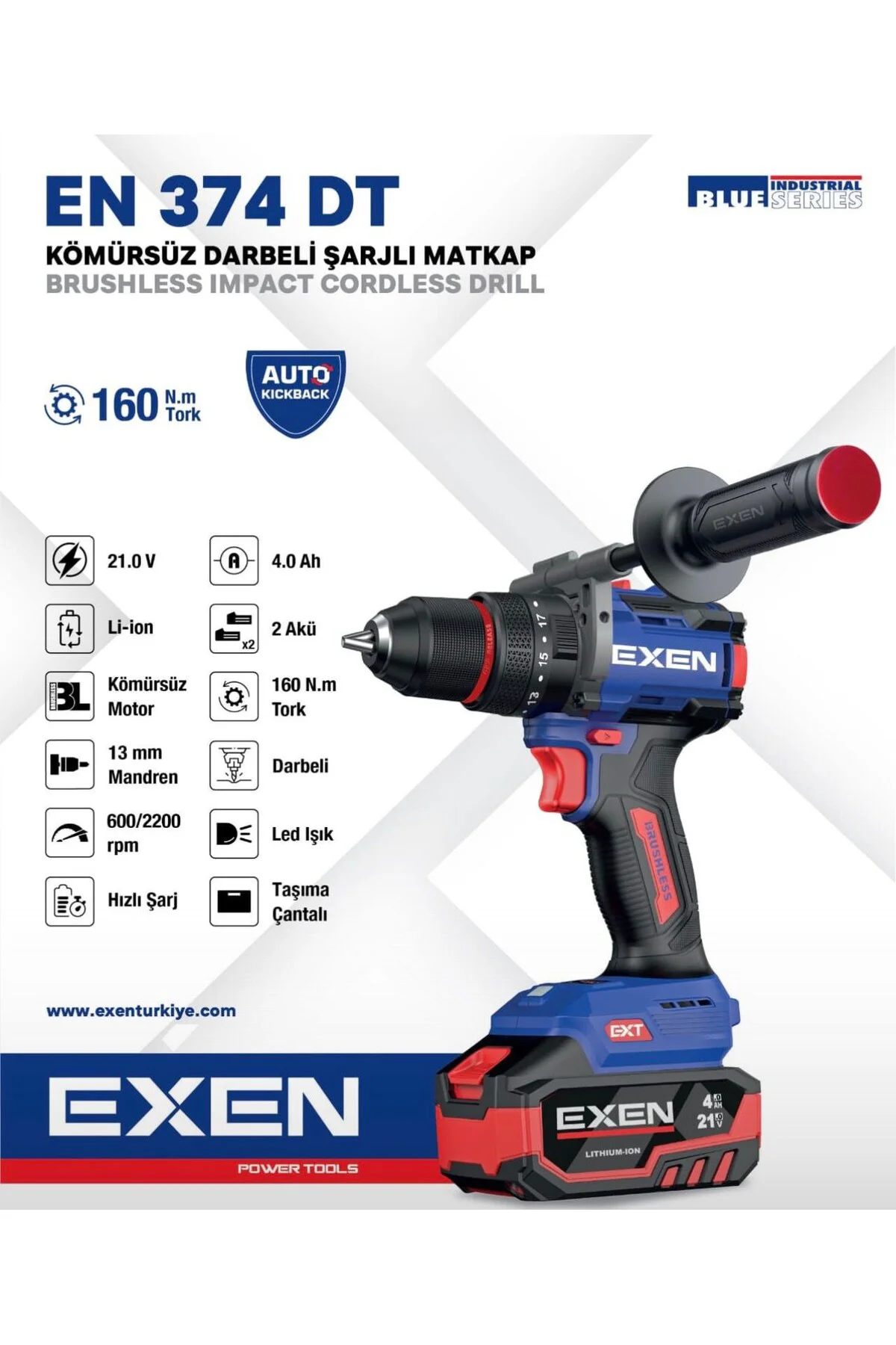 EN 374 DT - 21V 4Ah 160N.m Kömürsüz Darbeli Şarjlı Matkap - Çift EN 374 DT - 21V 4Ah 160N.m Kömürsüz Darbeli Şarjlı Matkap - Çift