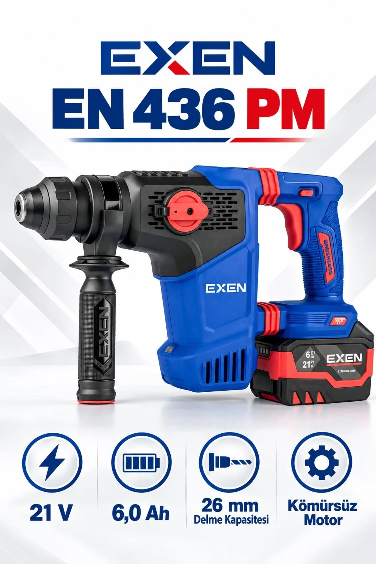 EN 436 PM 21V Kömürsüz Akülü Kırıcı Delici – 3,8 Joule, 26 mm, 2 *6,0 AKÜ - Görsel 2