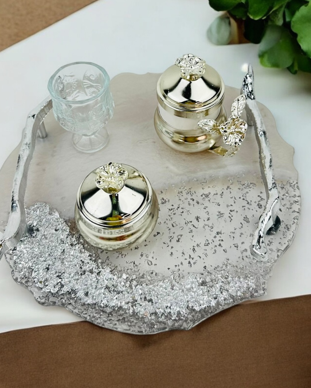 Cyzhome  Enchant Gümüş Polyester Söz Tepsisi Ve Damat Kahve Fincan Tepsis