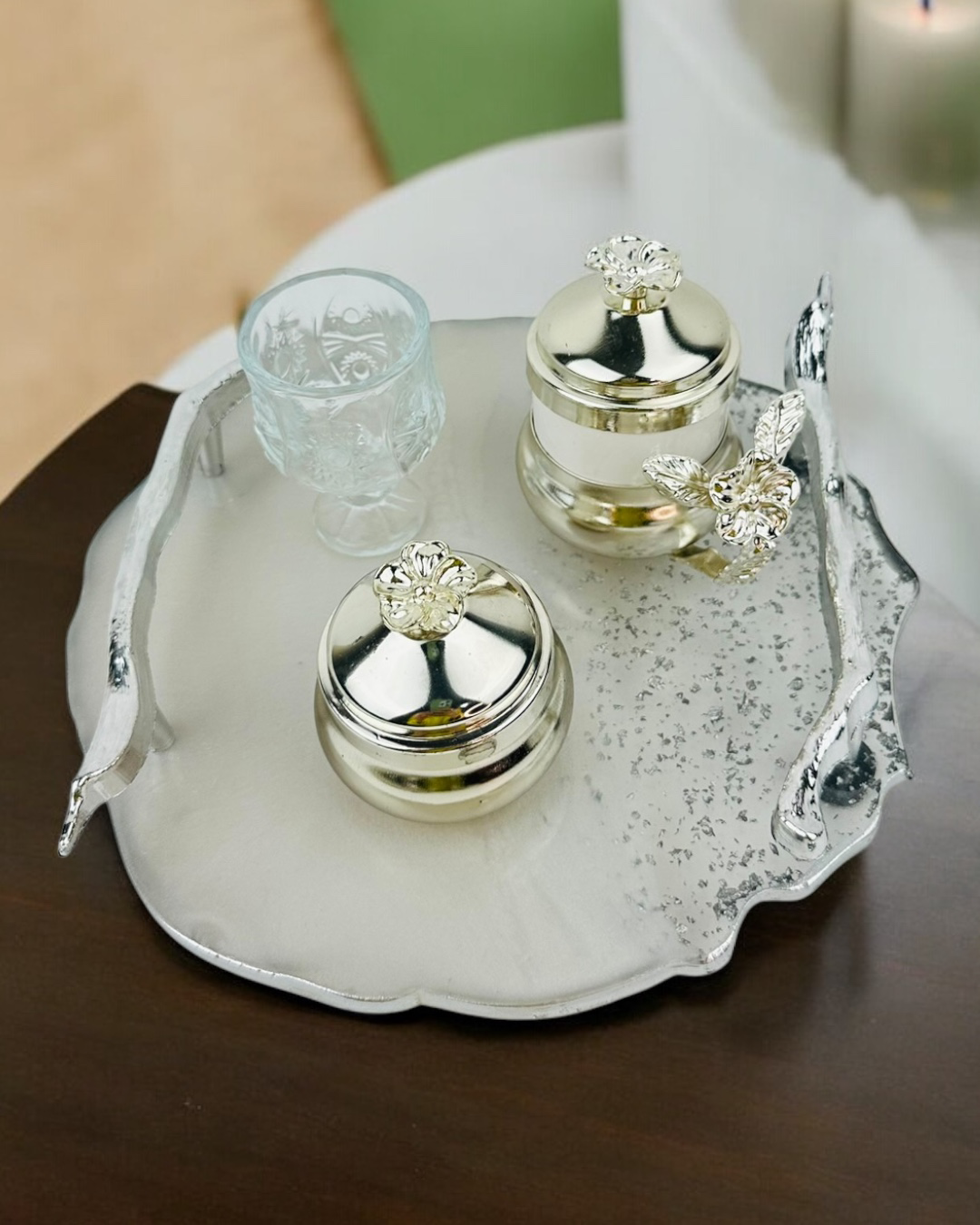 Cyzhome  Enchant Gümüş Polyester Söz Tepsisi Ve Damat Kahve Fincan Tepsis