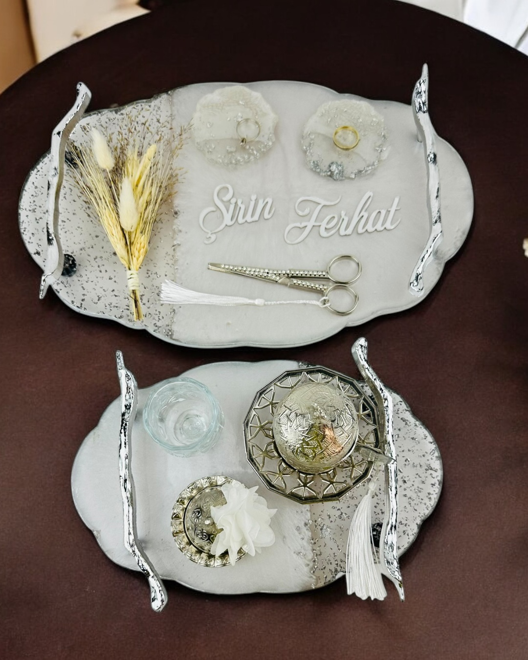Cyzhome  Enchant Gümüş Polyester Söz Tepsisi Ve Damat Kahve Fincan Tepsis