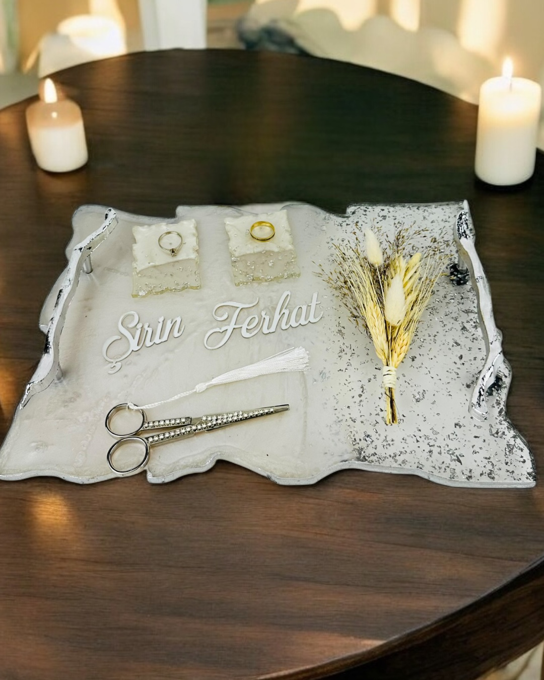 Cyzhome  Enchant Gümüş Polyester Söz Tepsisi Ve Damat Kahve Fincan Tepsis