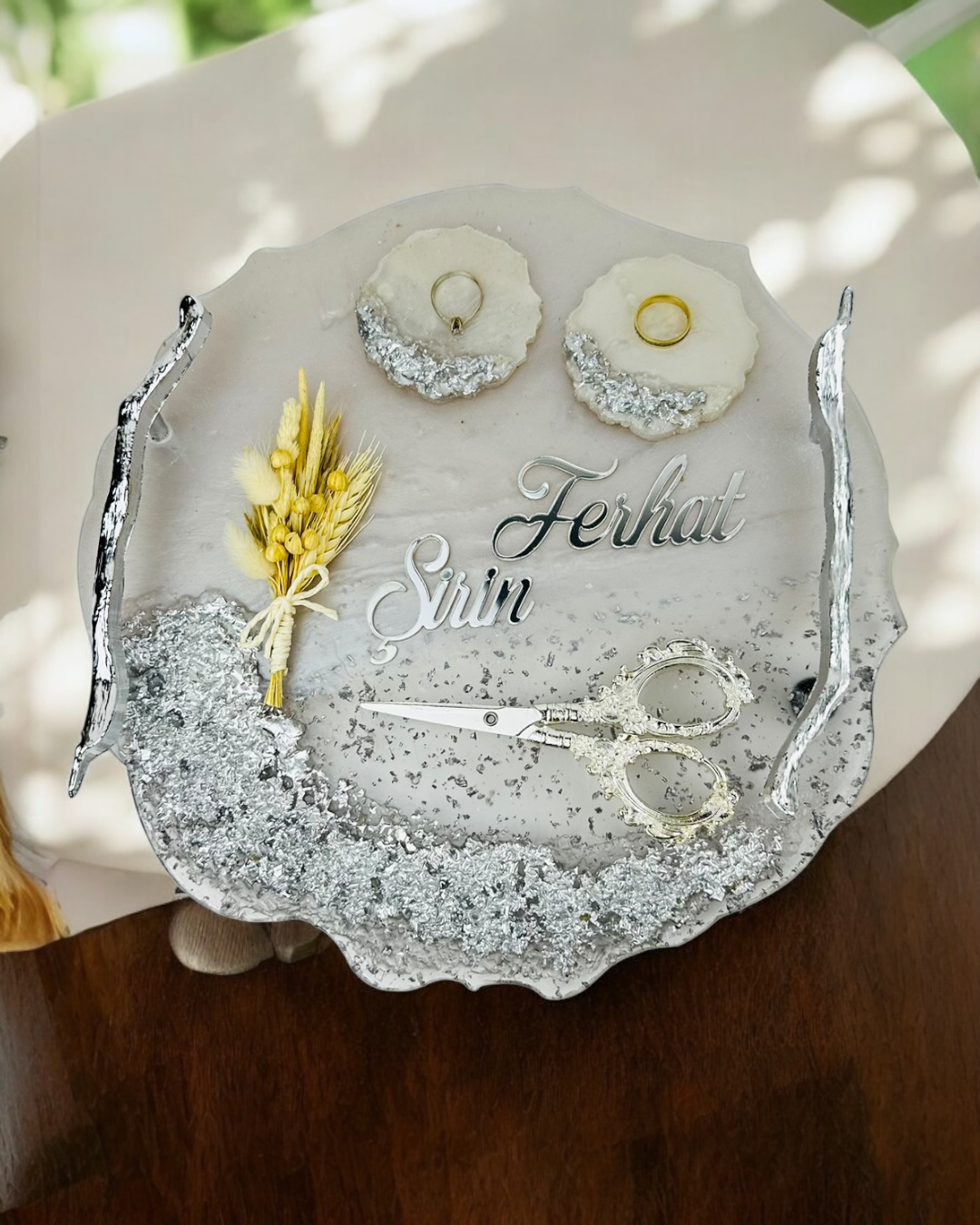 Cyzhome  Enchant Gümüş Polyester Söz Tepsisi Ve Damat Kahve Fincan Tepsis