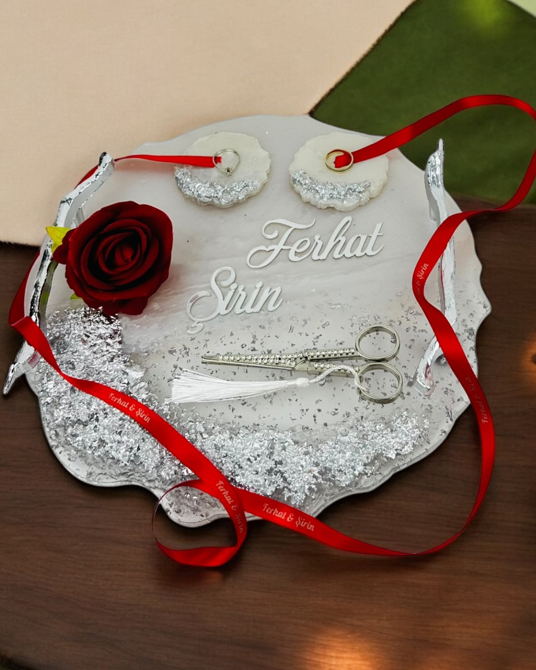 Cyzhome  Enchant Gümüş Polyester Söz Tepsisi Ve Damat Kahve Fincan Tepsis