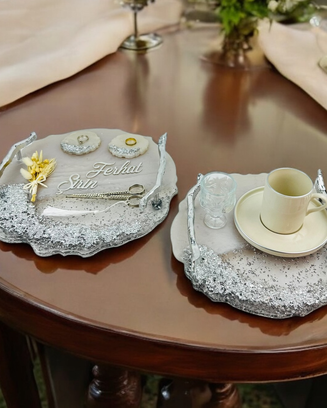 Cyzhome  Enchant Gümüş Polyester Söz Tepsisi Ve Damat Kahve Fincan Tepsis