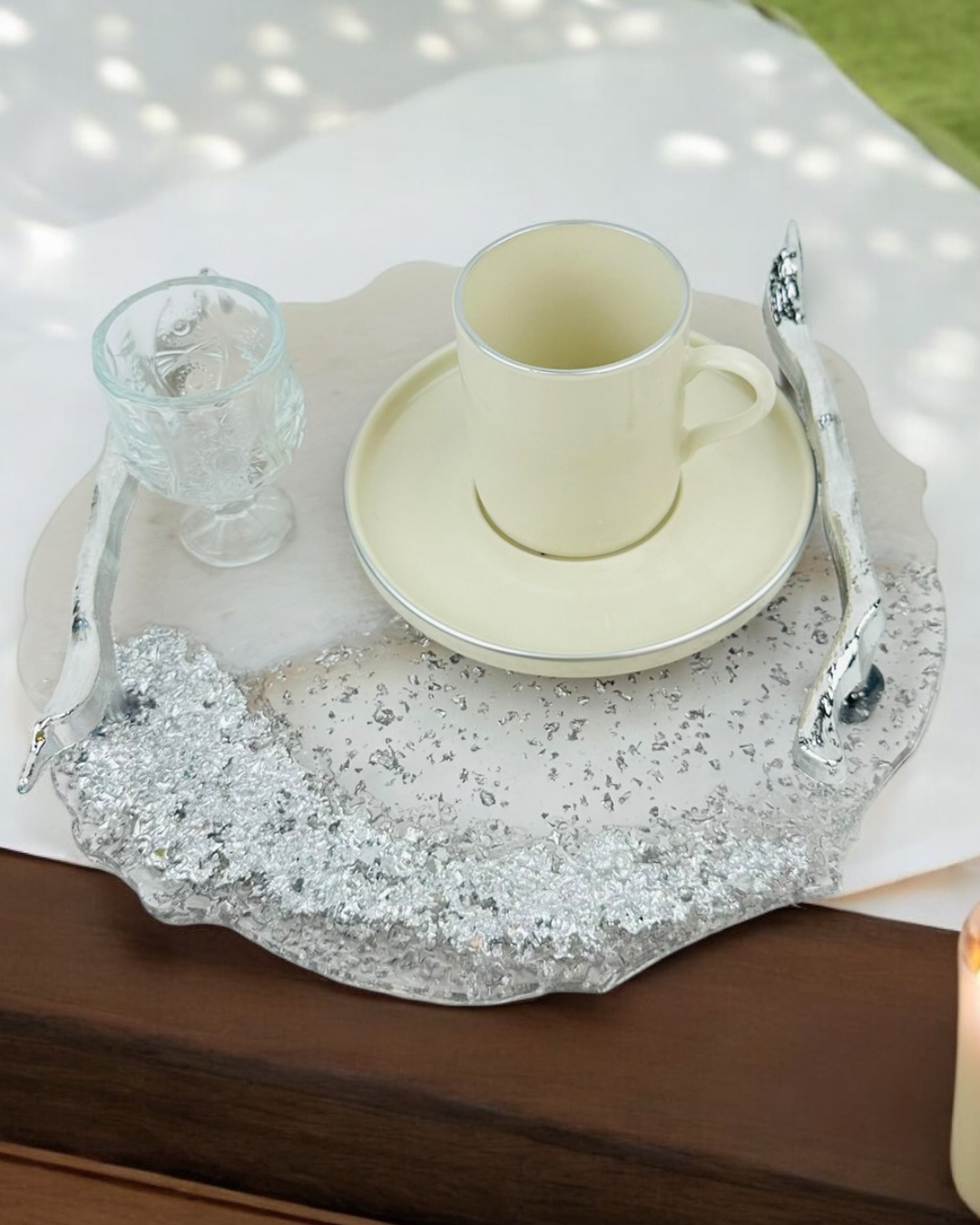 Cyzhome  Enchant Gümüş Polyester Söz Tepsisi Ve Damat Kahve Fincan Tepsis