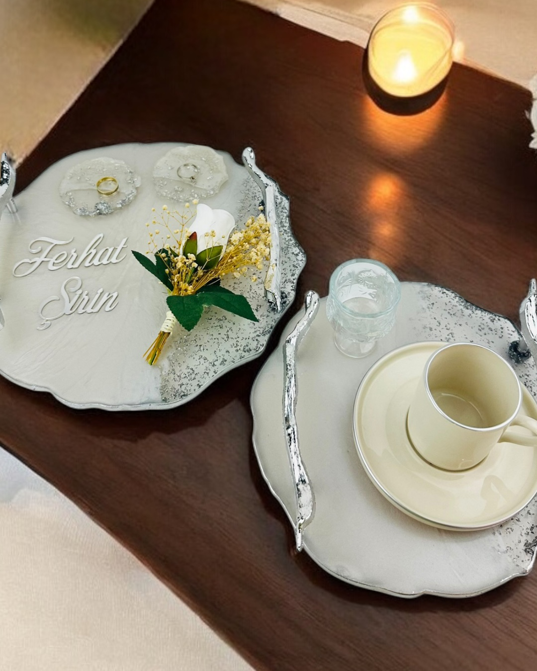 Cyzhome  Enchant Gümüş Polyester Söz Tepsisi Ve Damat Kahve Fincan Tepsis