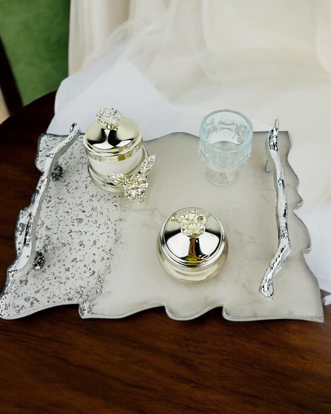 Cyzhome  Enchant Gümüş Polyester Söz Tepsisi Ve Damat Kahve Fincan Tepsis
