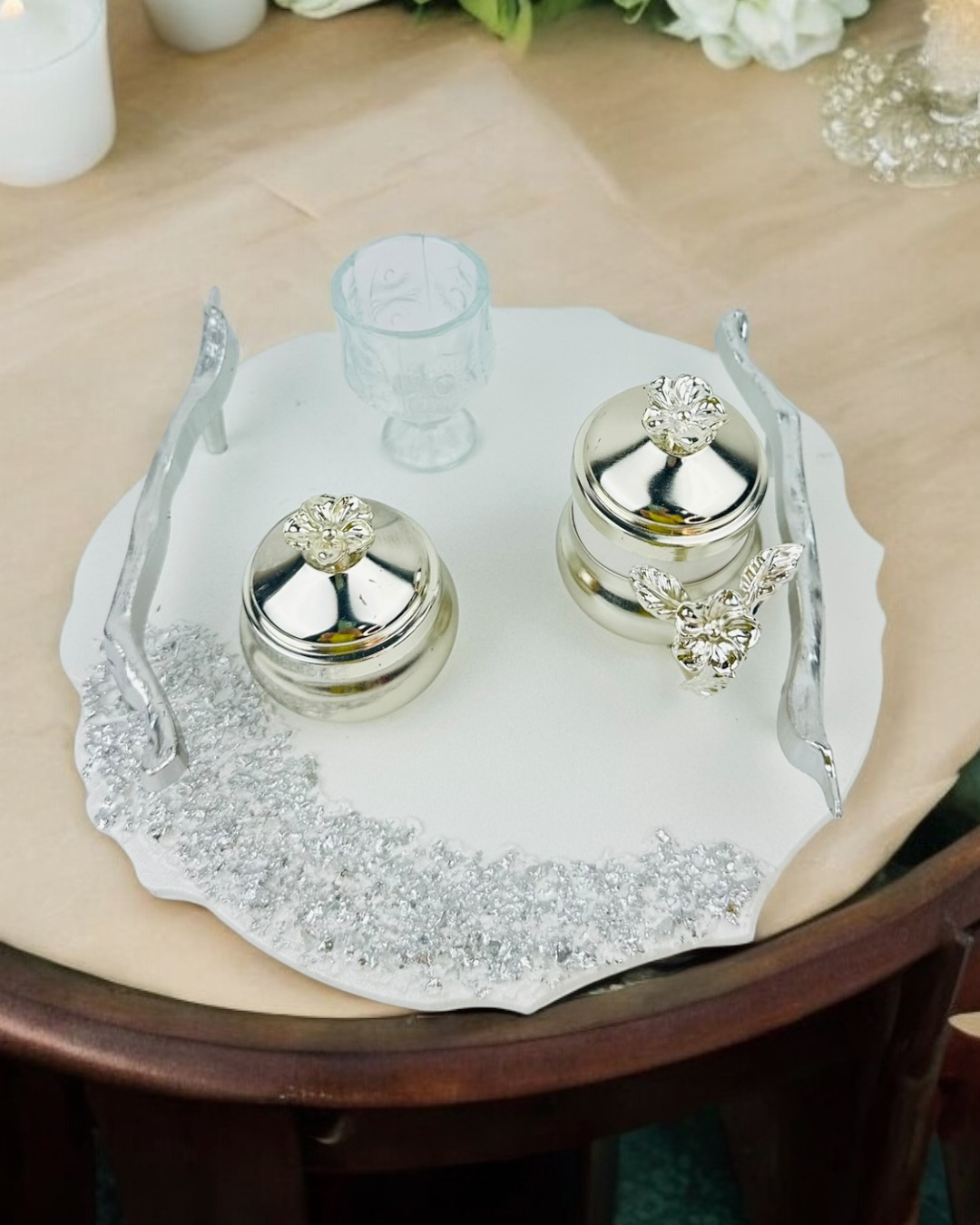 Cyzhome  Enchant Gümüş Polyester Söz Tepsisi Ve Damat Kahve Fincan Tepsis