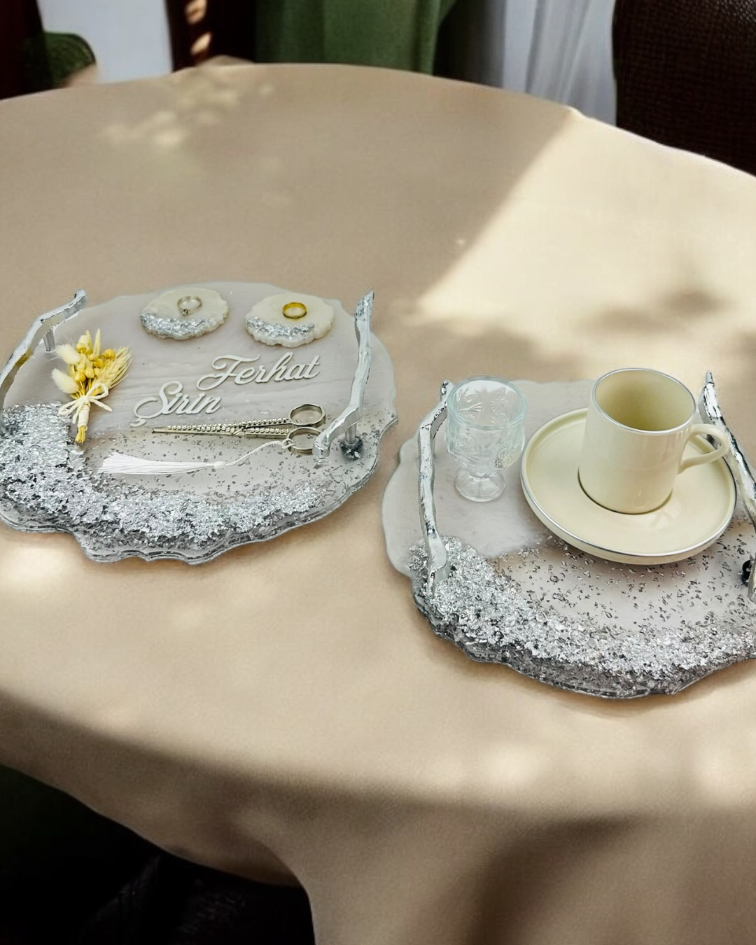 Cyzhome  Enchant Gümüş Polyester Söz Tepsisi Ve Damat Kahve Fincan Tepsis