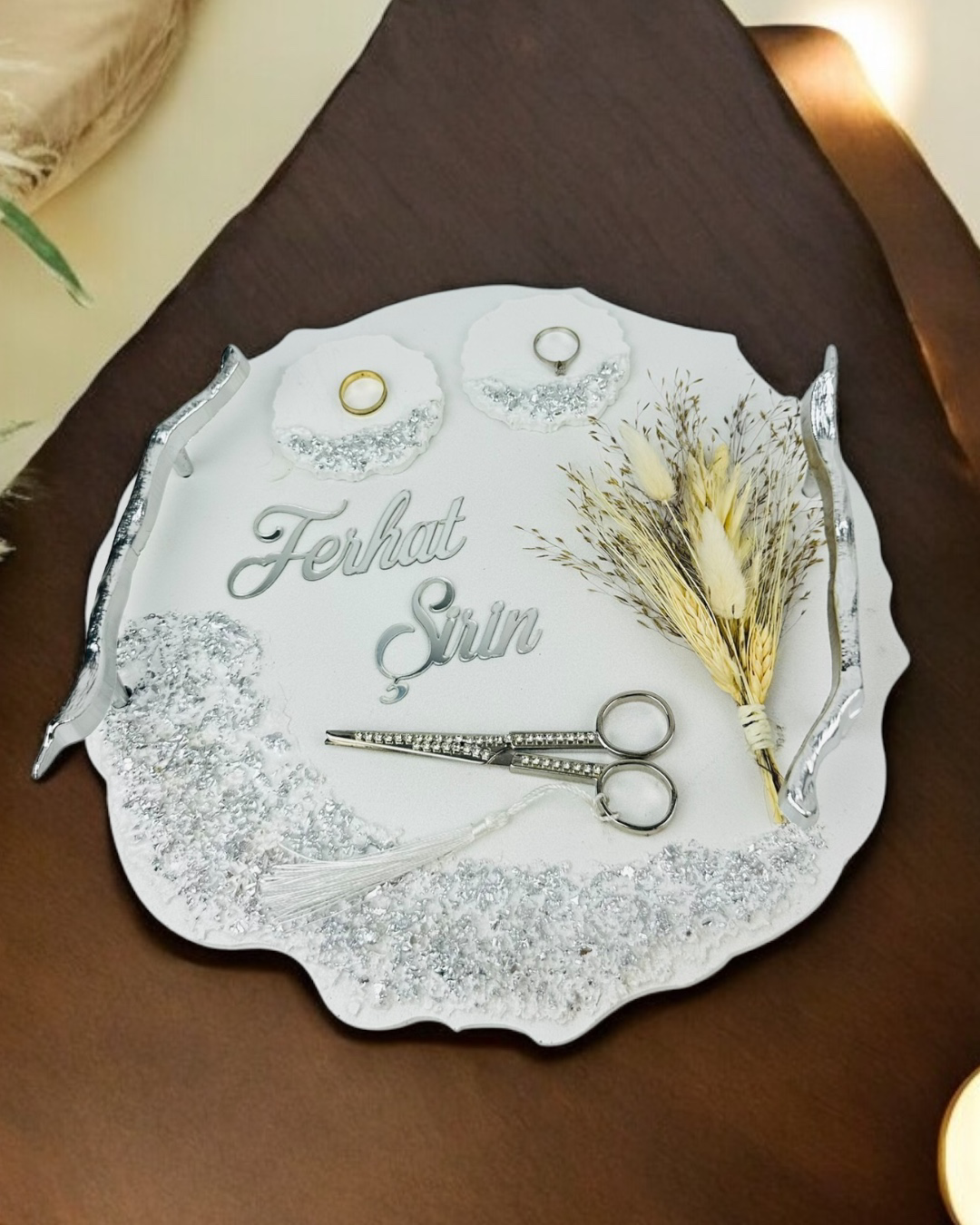 Cyzhome  Enchant Gümüş Polyester Söz Tepsisi Ve Damat Kahve Fincan Tepsis