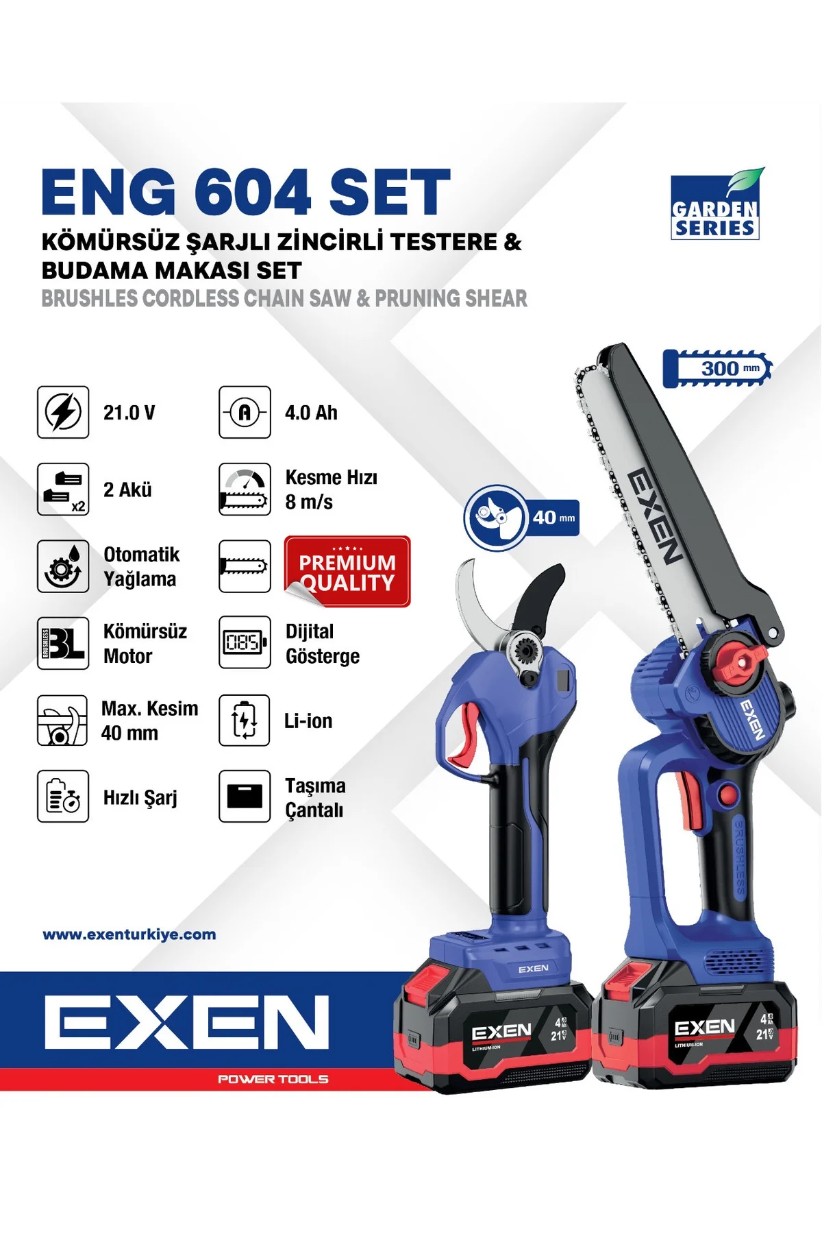 ENG 604 Set 21 V 2x4 Ah Çift Akü Kömürsüz Şarjlı Testere ve Makas ENG 604 Set 21 V 2x4 Ah Çift Akü Kömürsüz Şarjlı Testere ve Makas