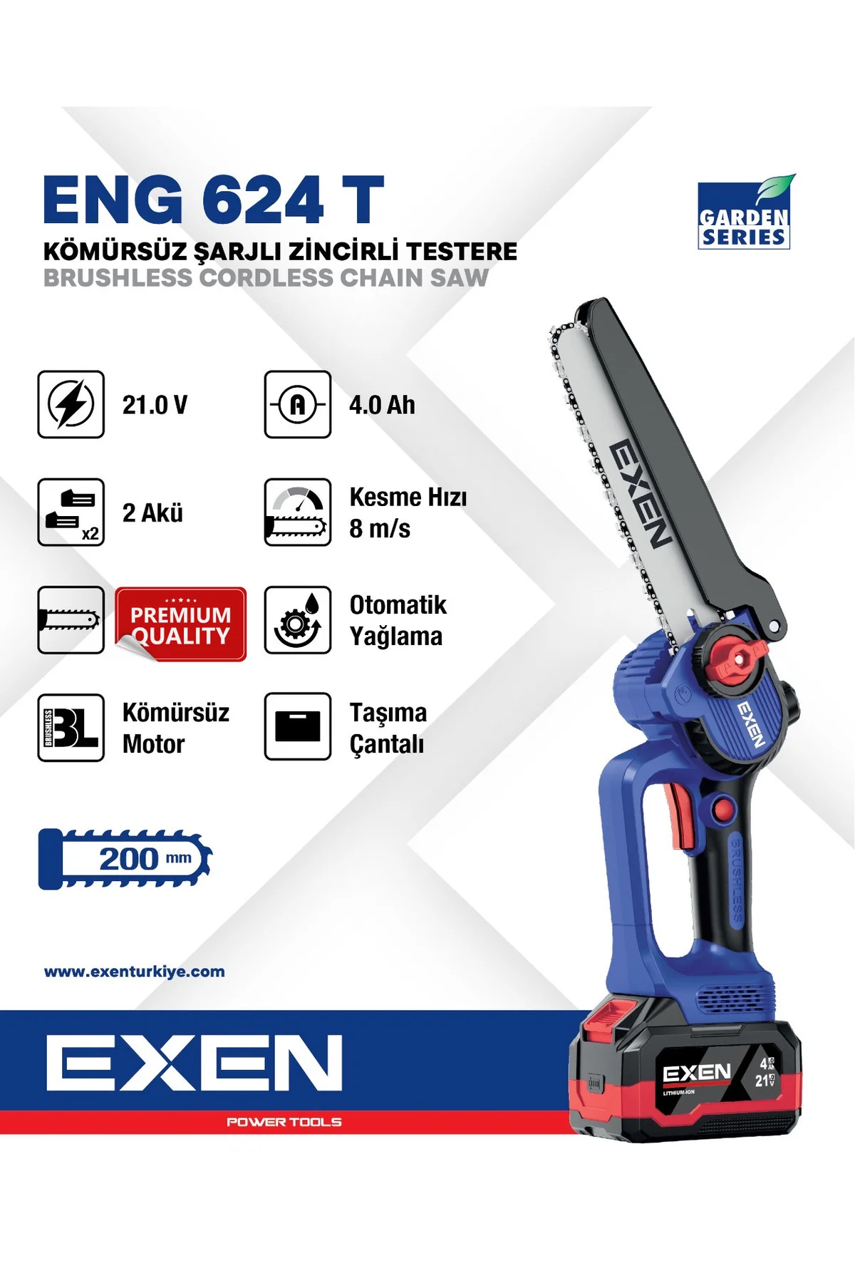 ENG 624 T 21V 2X4 Ah Çift Akü 200 mm Kömürsüz Şarjlı Zincirli Tes ENG 624 T 21V 2X4 Ah Çift Akü 200 mm Kömürsüz Şarjlı Zincirli Tes