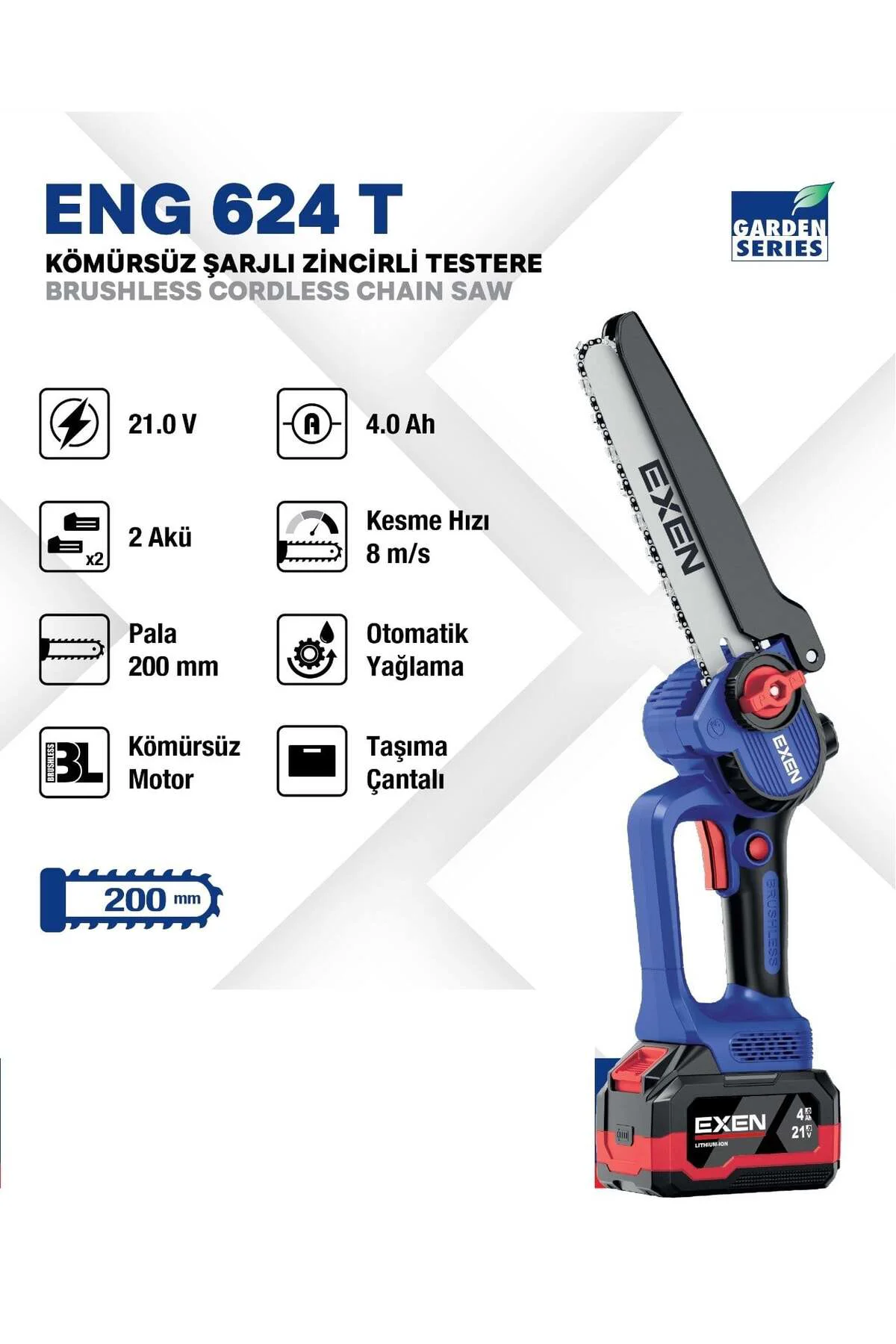 ENG 624 T KÖMÜRSÜZ ŞARJLI ZİNCİRLİ TESTERE 21V - 200MM