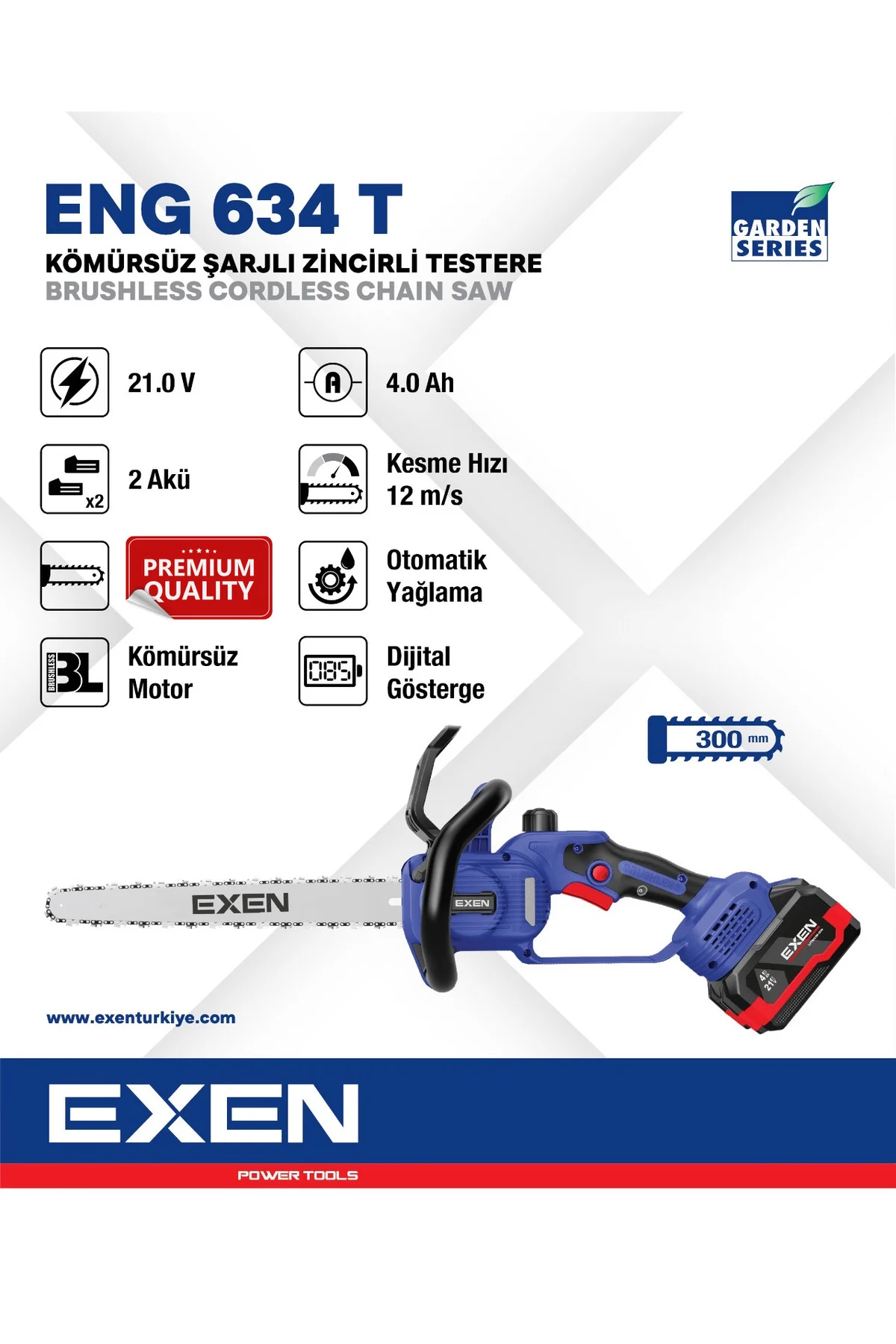 ENG 634 T 21V 2x4 Ah Çift Akü 300 mm Kömürsüz Şarjlı Zincirli Tes
