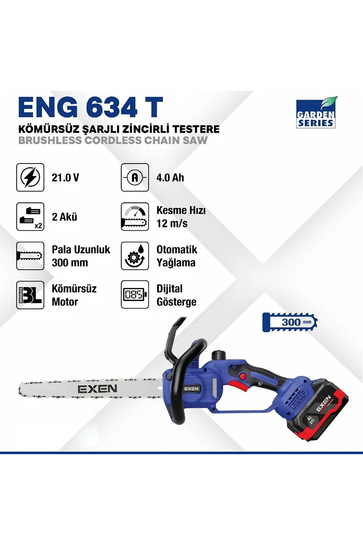 ENG 634 T - 21V 4Ah 300mm Kömürsüz Şarjlı Zincirli Testere