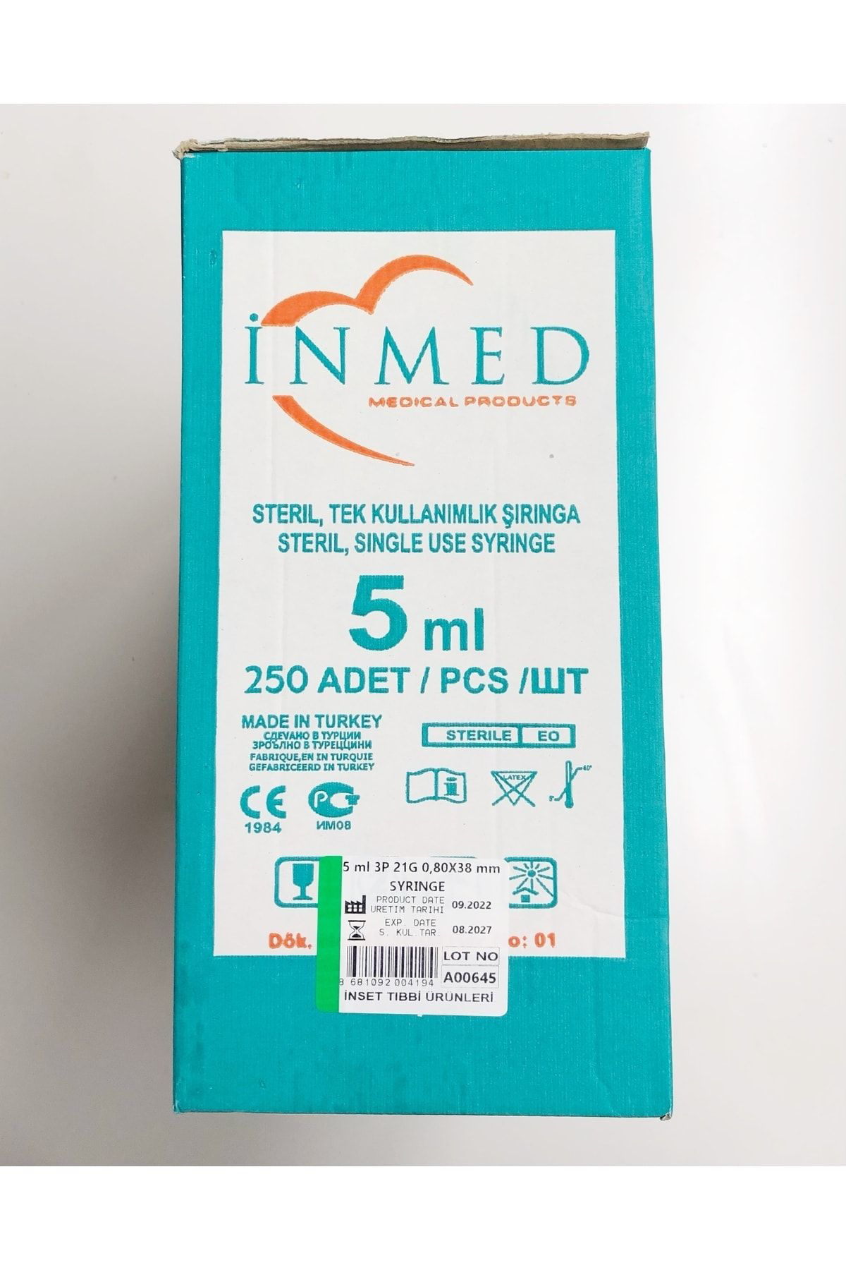 İnmed Enjektör İğneli 0,80X38 Mm 5 Ml 3P 21G Koli 1000 Adet