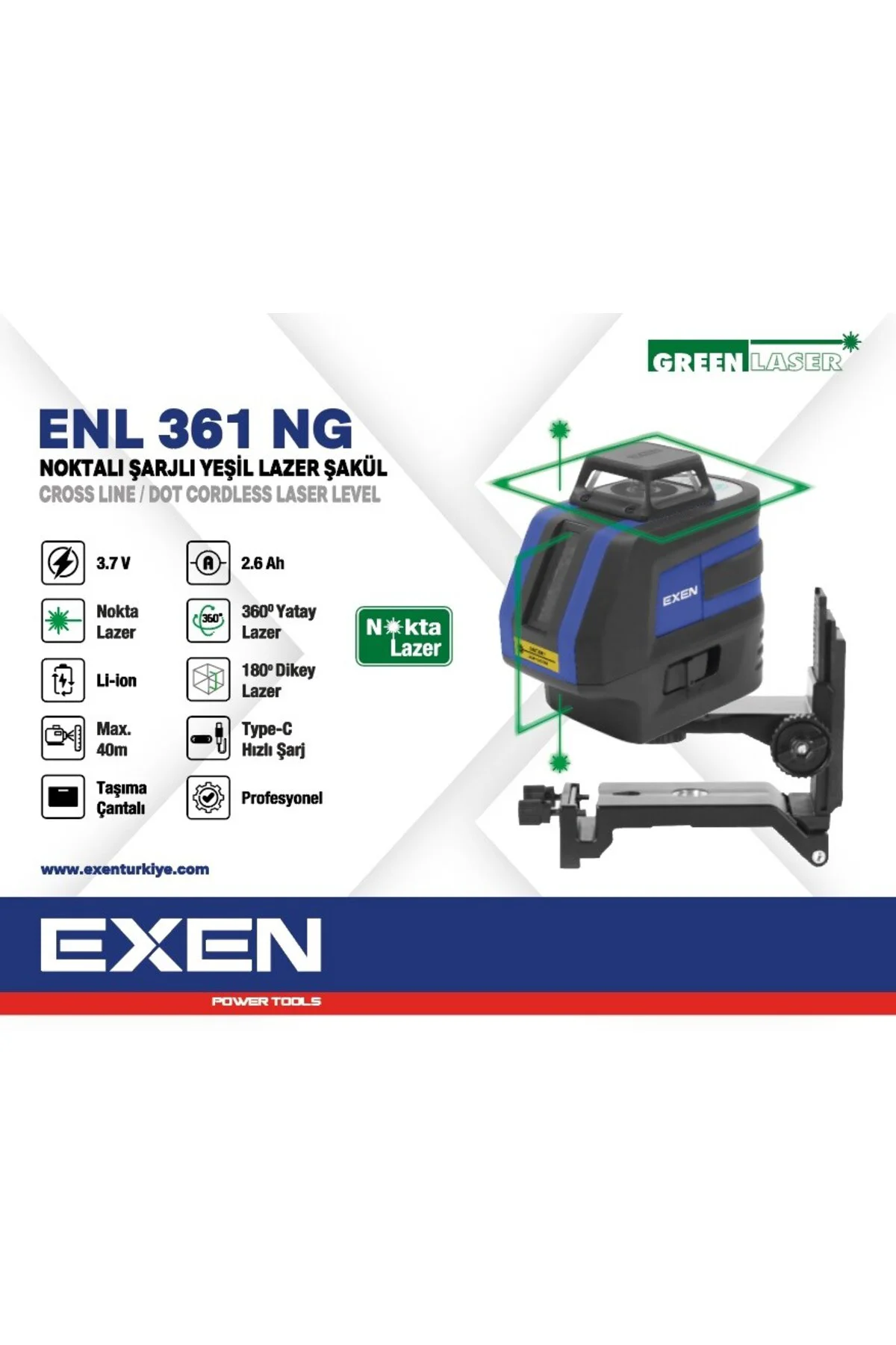 ENL 361 NG - 1x360° 3.7V 2.6Ah Noktalı Şarjlı Yeşil Lazer Şakül S