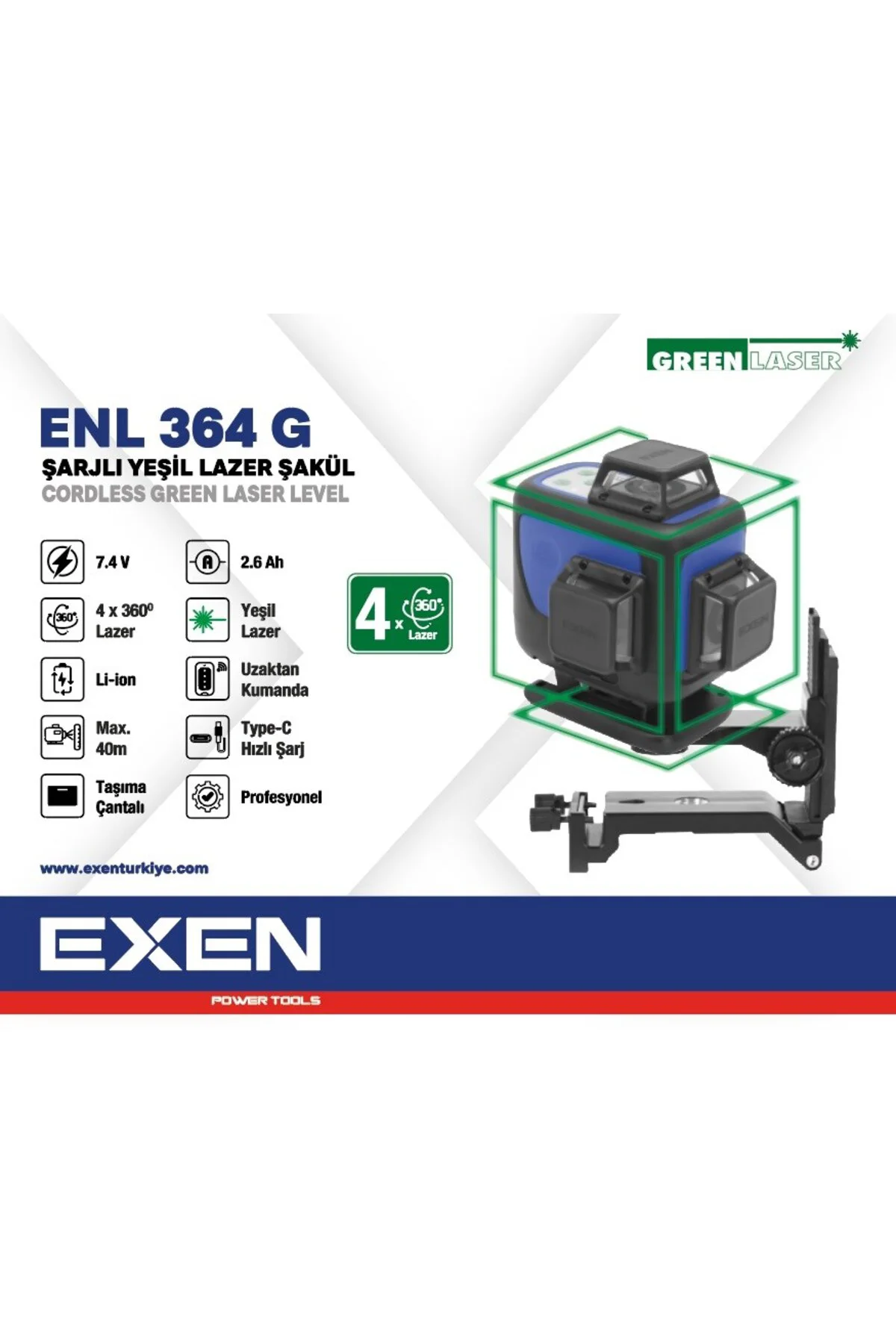 ENL 364 G - 4x360° 7.4V 2.6Ah Şarjlı Yeşil Lazer Şakül Set