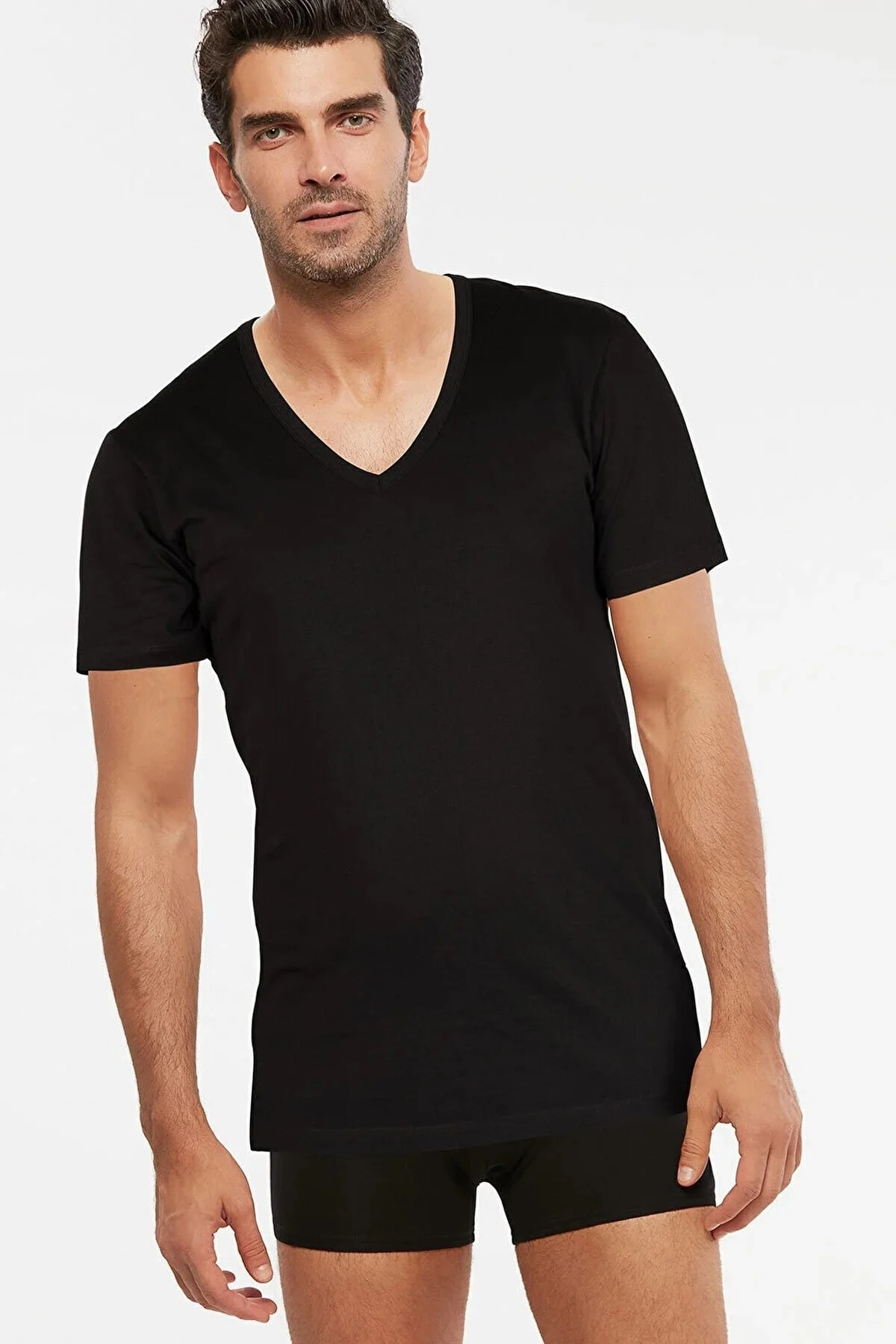 Enrico V Yaka Pamuk 2'li Erkek Tshirt Siyah