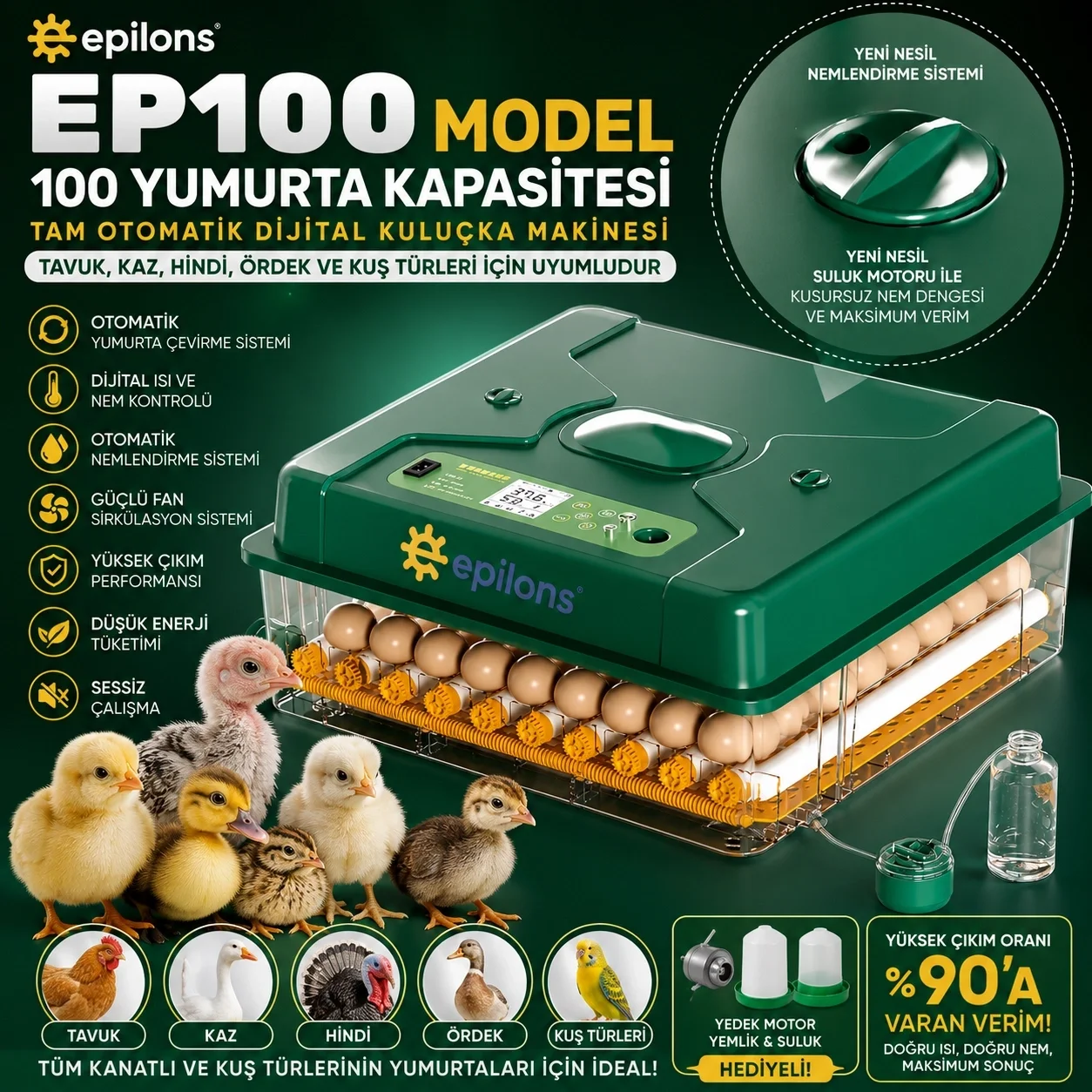 EP100 Kuluçka Makinesi Yeni Nesil Suluk Üstten Havalandırma Sistemli Tavuk Kaz Hindi ve Kuş Türleri İçin