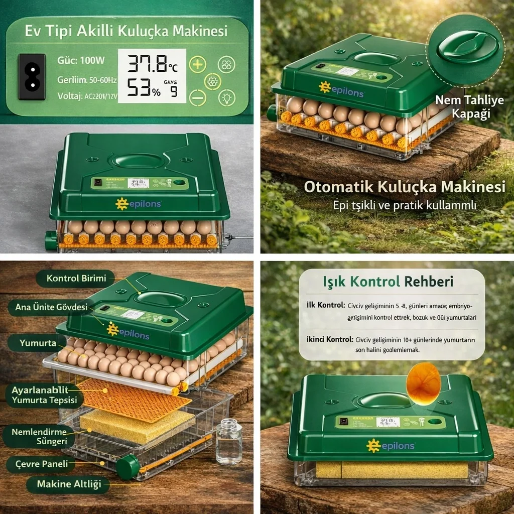 EP100 Kuluçka Makinesi Yeni Nesil Suluk Üstten Havalandırma Sistemli Tavuk Kaz Hindi ve Kuş Türleri İçin
