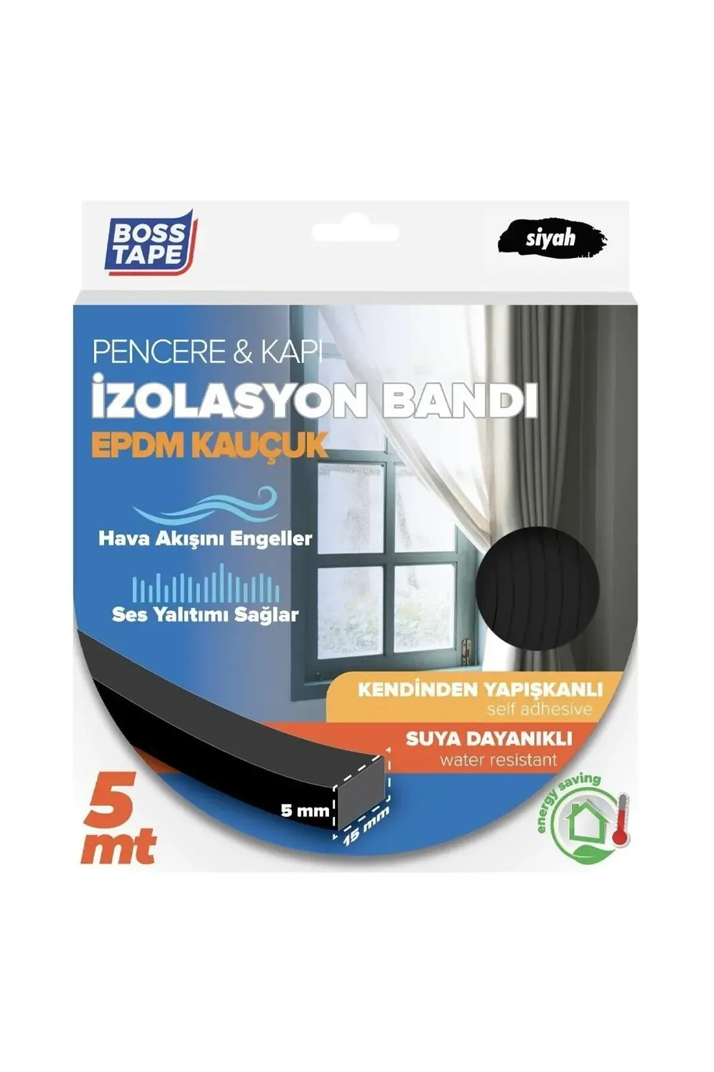 EPDM Kauçuk Pencere Kapı İzolasyon Bandı Siyah 5mm X 15mm X 5mt 1