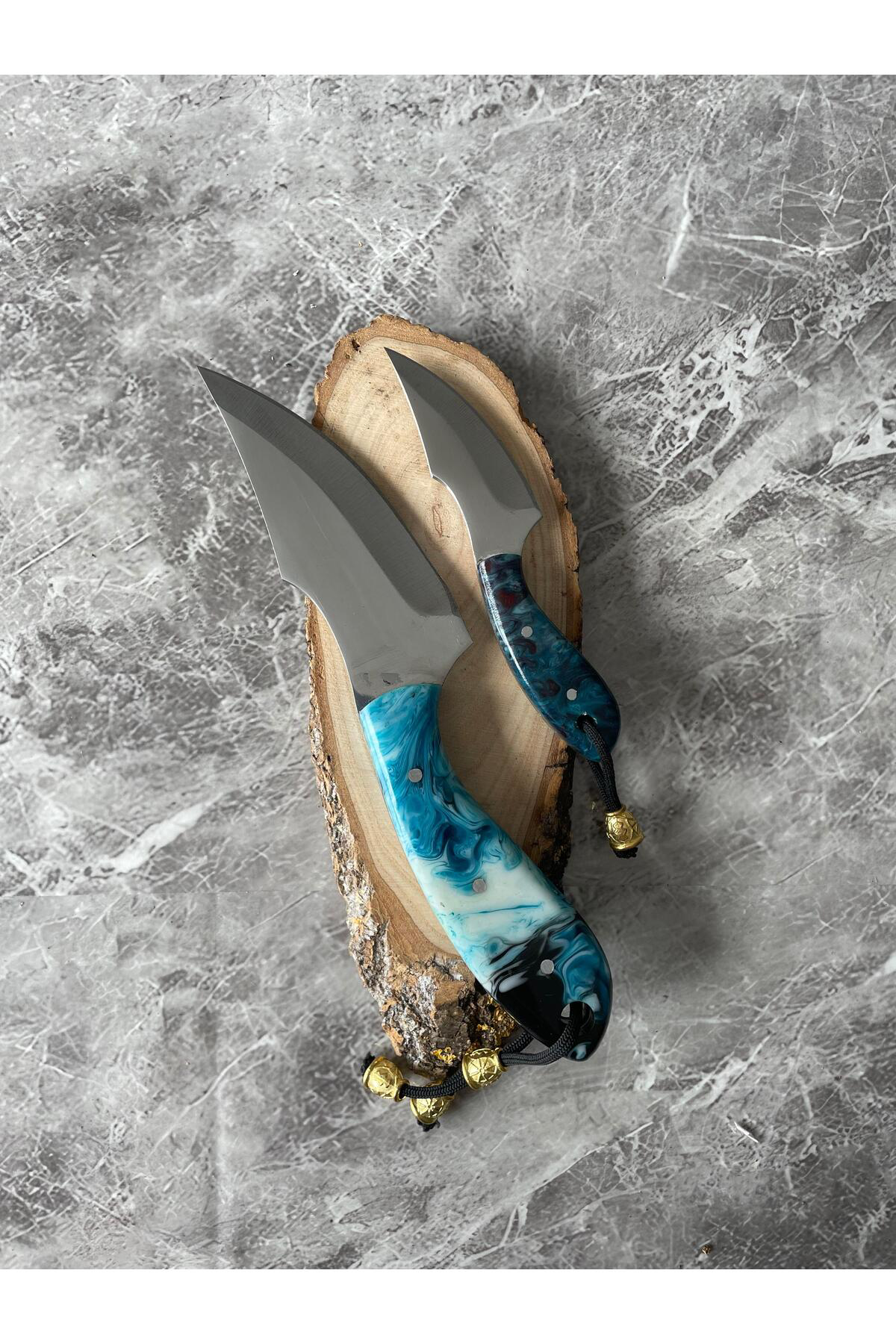 Epoksi Mavi-Siyah Babalı Oğullu Kamp Bıçağı – Kılıflı, 2’li Set, 